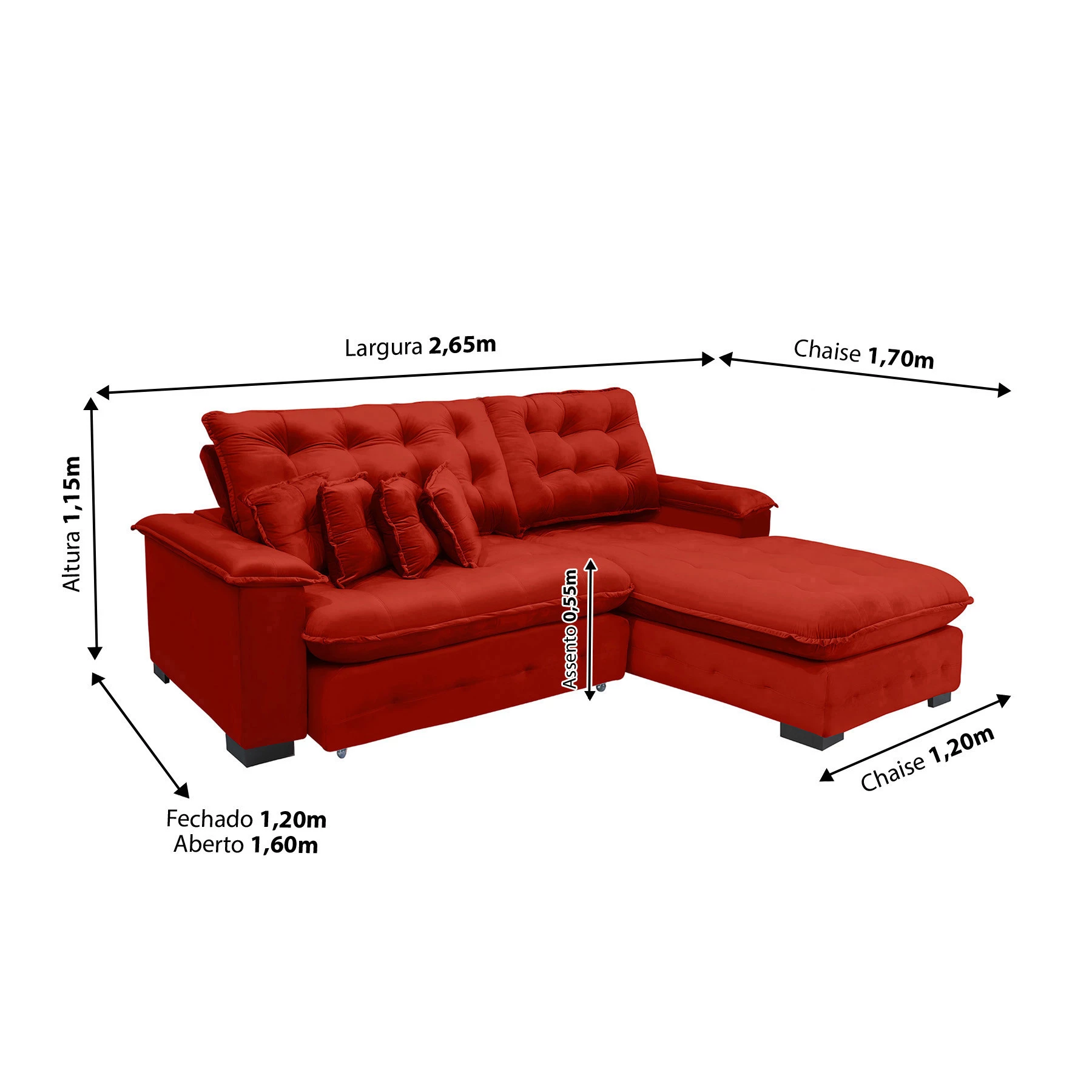 Sofá Berlin 2,65x1,70m com Chaise Super Pillow Top - Vermelho