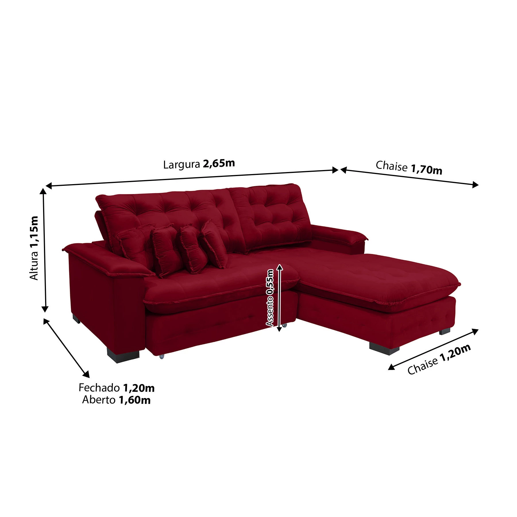 Sofá Berlin 2,65x1,70m com Chaise Super Pillow Top - Vinho