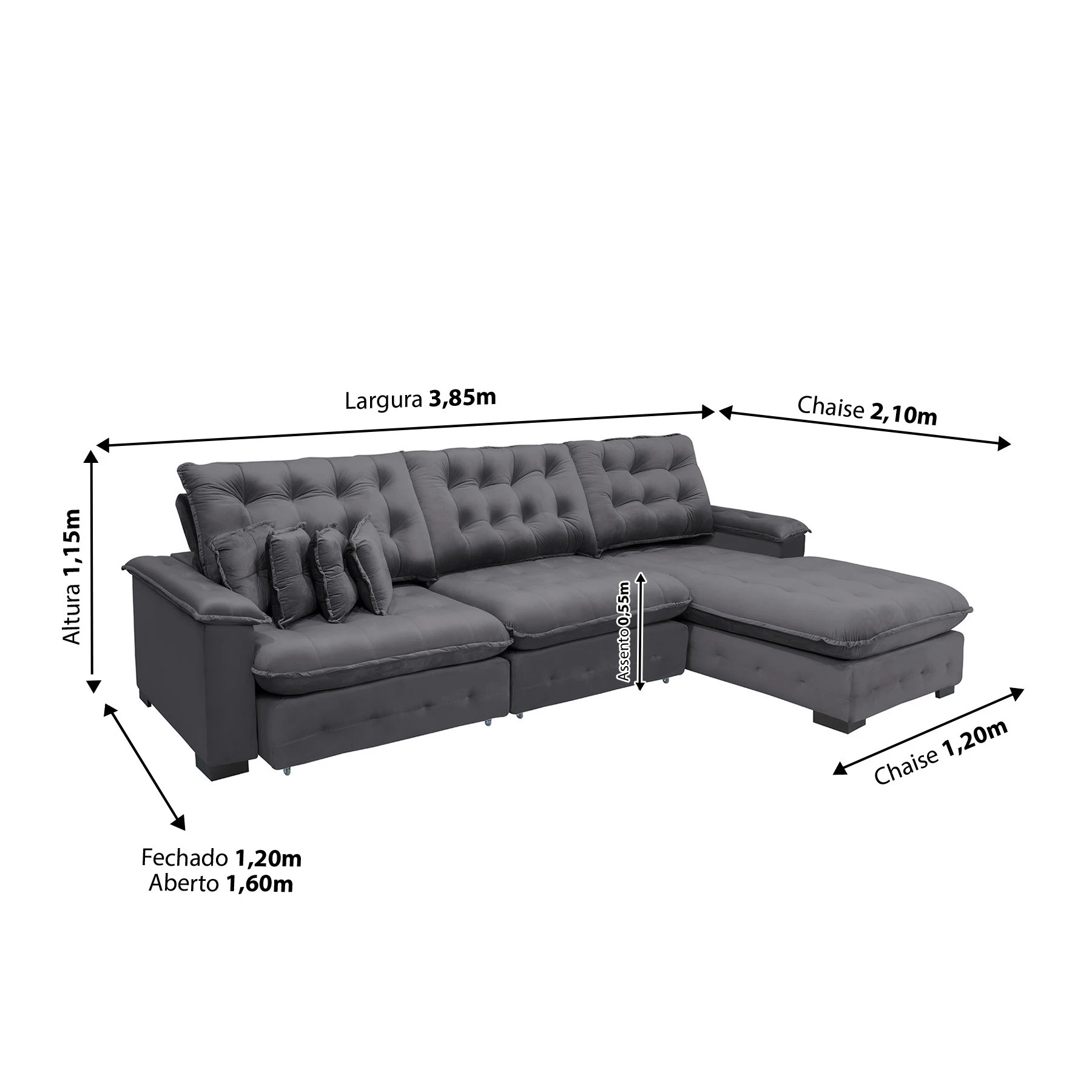 Sofá Berlin 3,85x2,10m com Chaise Super Pillow Top - Chumbo