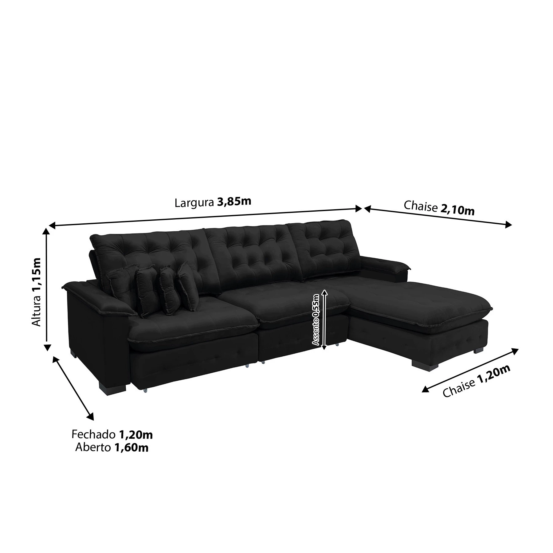 Sofá Berlin 3,85x2,10m com Chaise Super Pillow Top - Preto