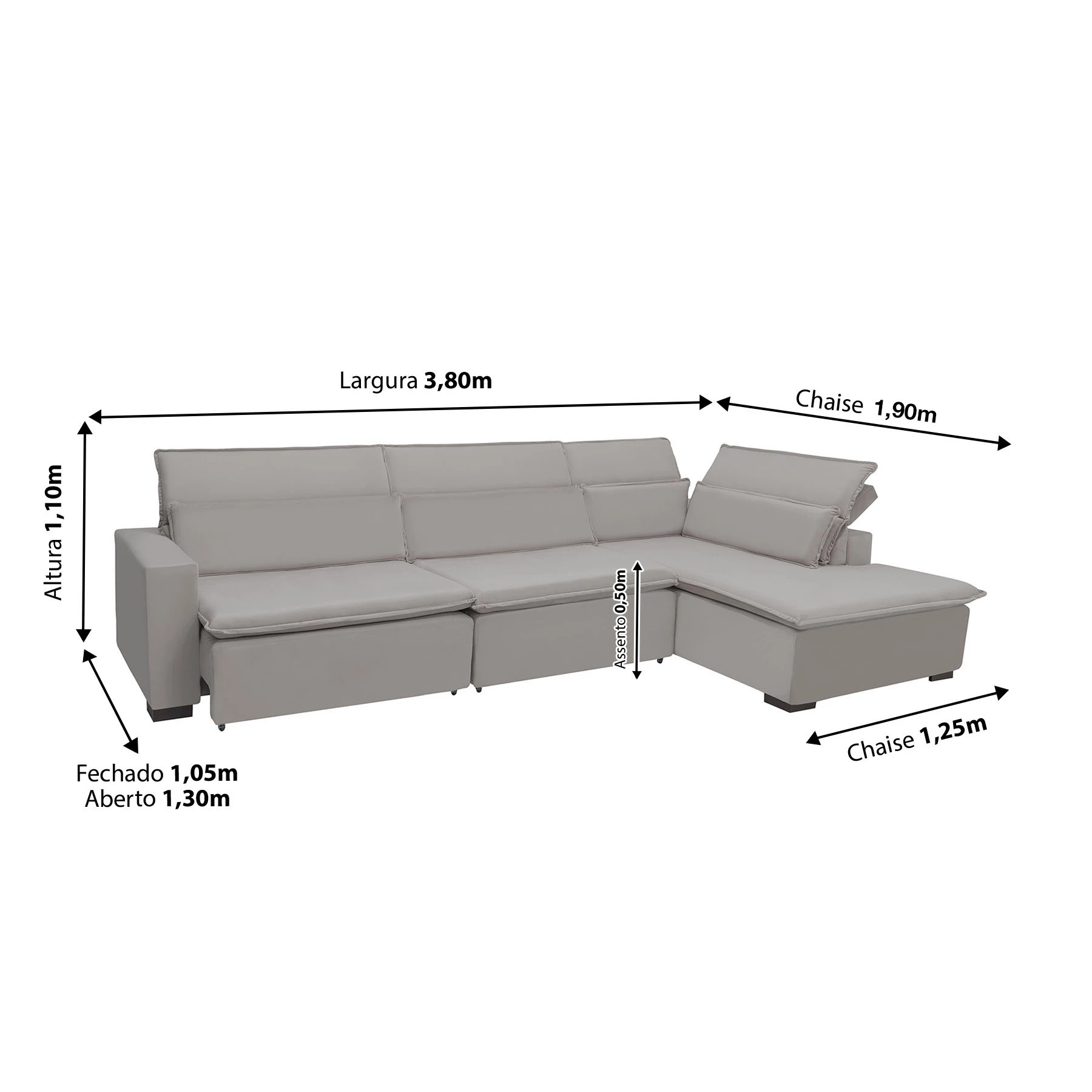 Sofá Istambul 3,80x1,90m Retrátil e Reclinável com Chaise - Avelã