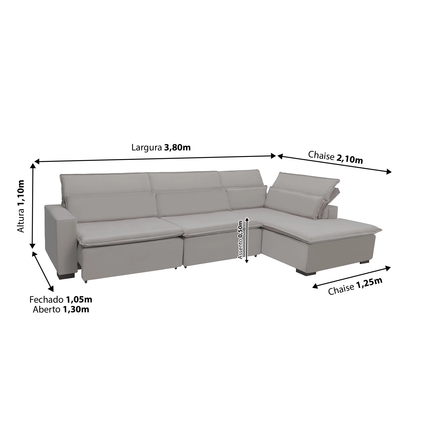 Sofá Istambul 3,80x2,10m Retrátil e Reclinável com Chaise - Avelã