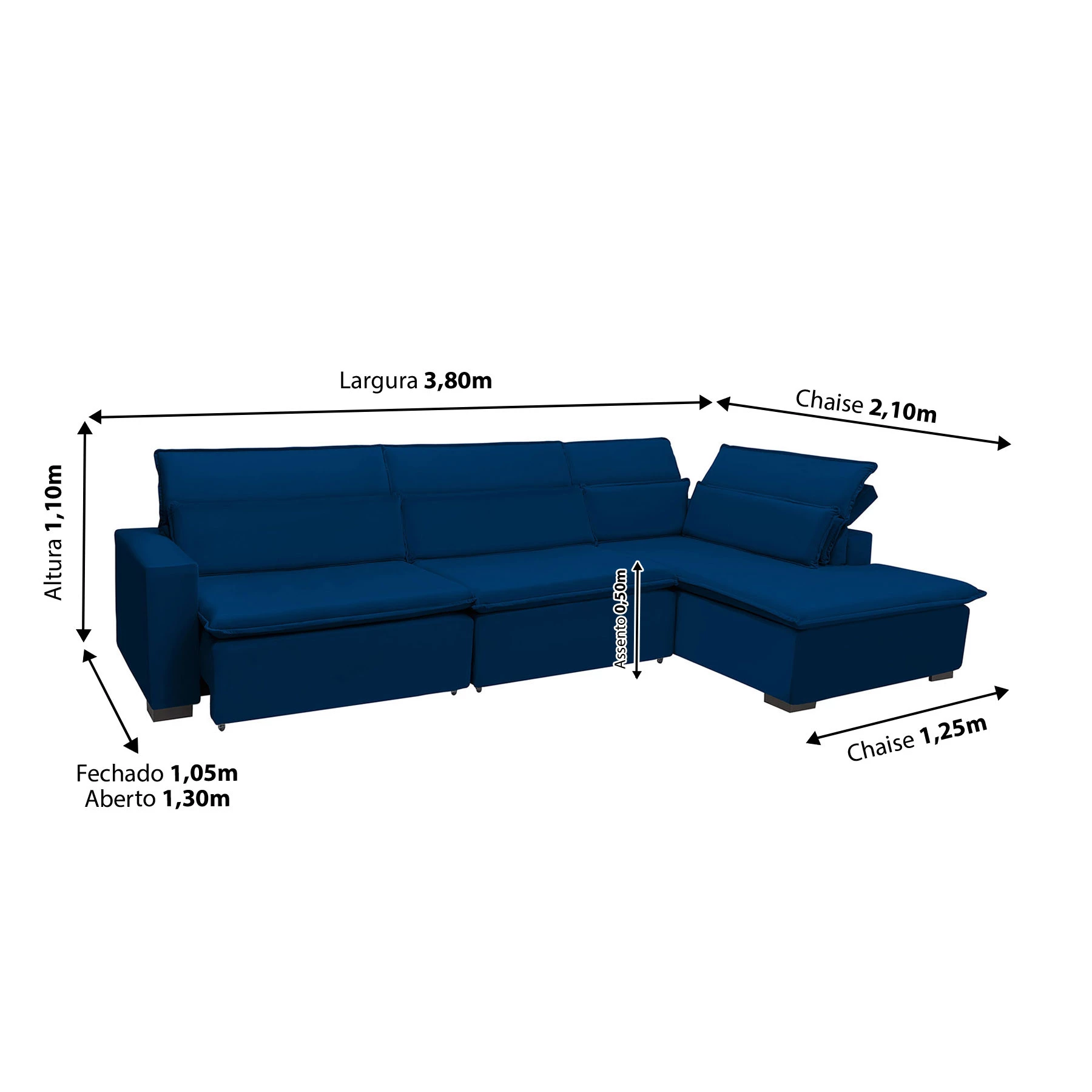 Sofá Istambul 3,80x2,10m Retrátil e Reclinável com Chaise - Azul