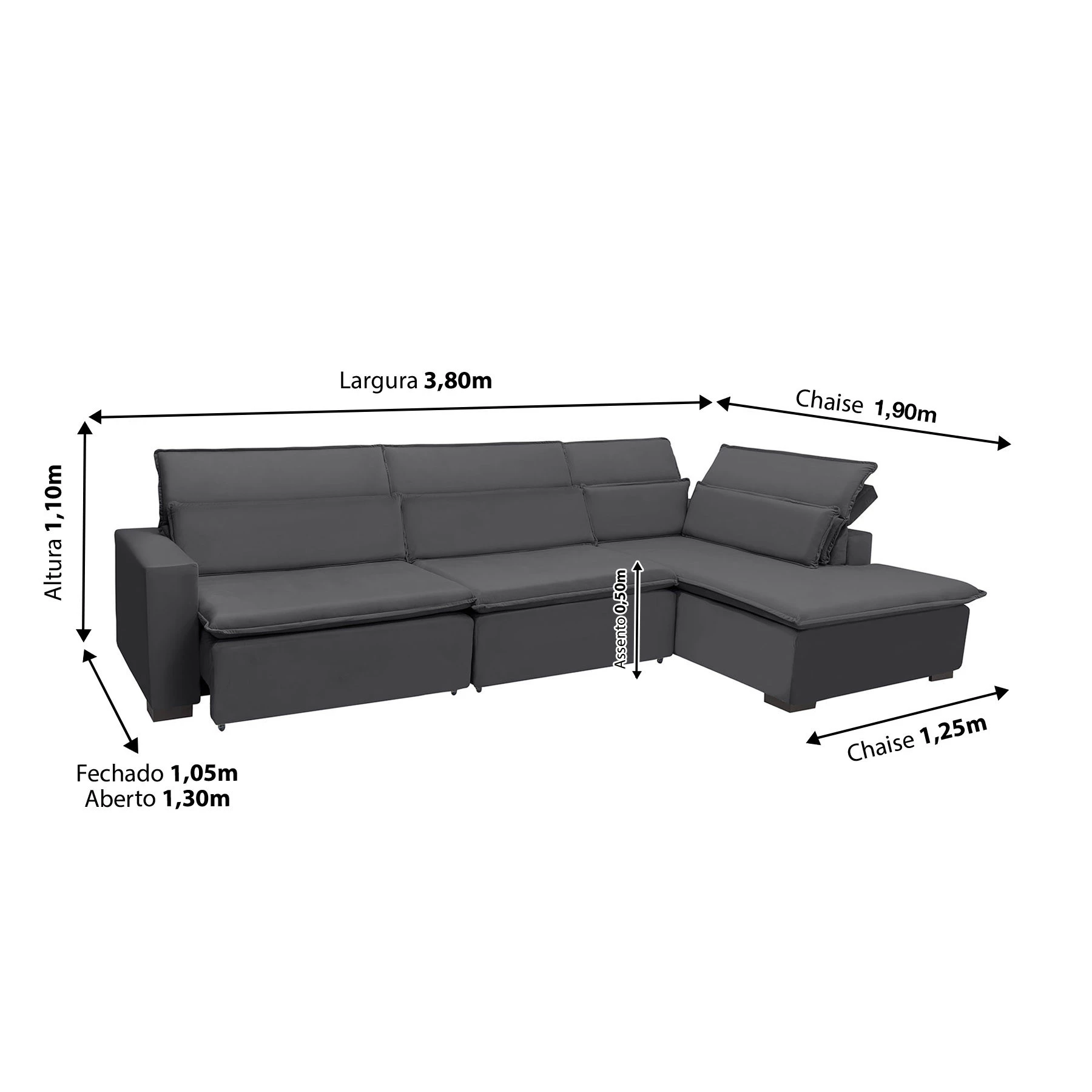 Sofá Istambul 3,80x1,90m Retrátil e Reclinável com Chaise - Chumbo