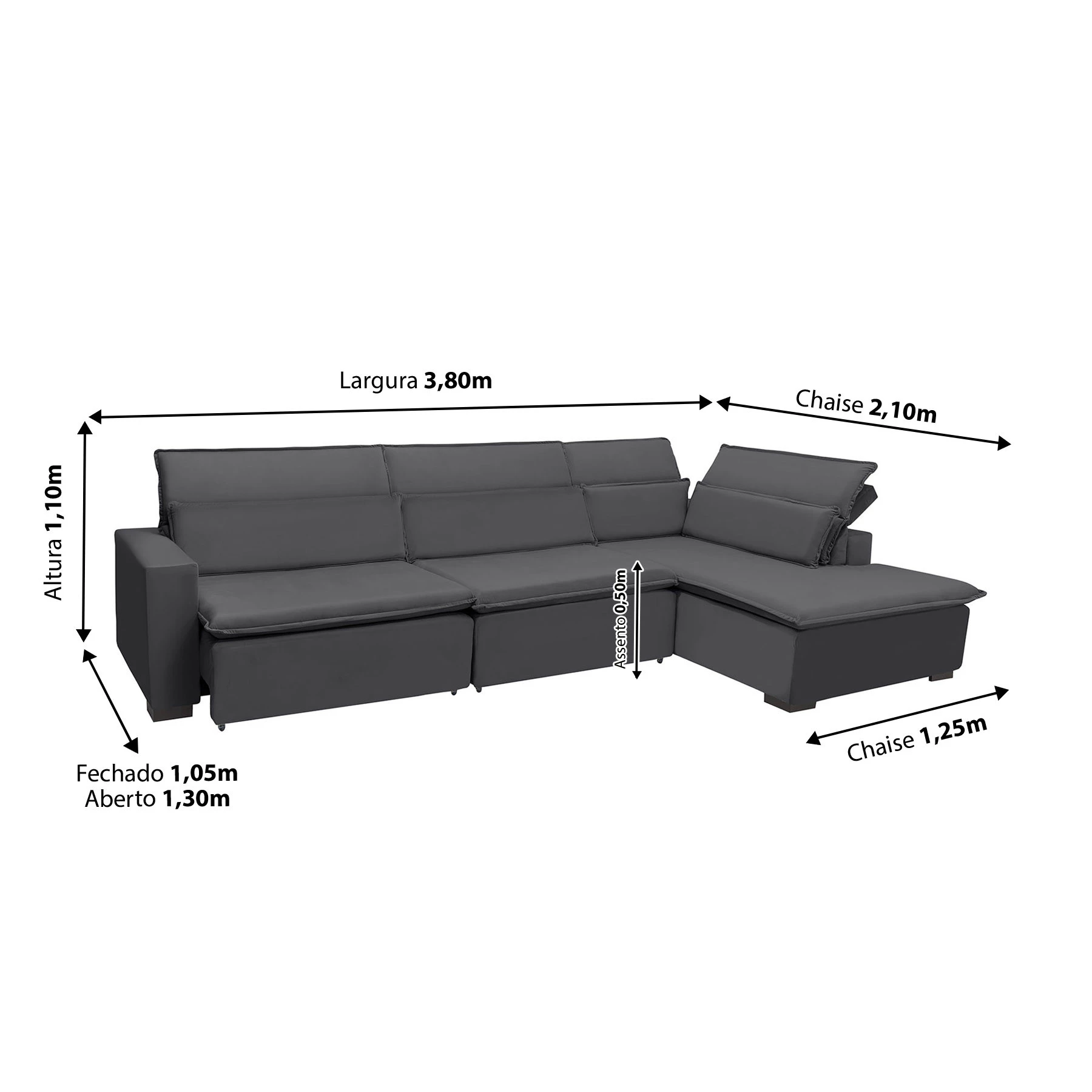 Sofá Istambul 3,80x2,10m Retrátil e Reclinável com Chaise - Chumbo
