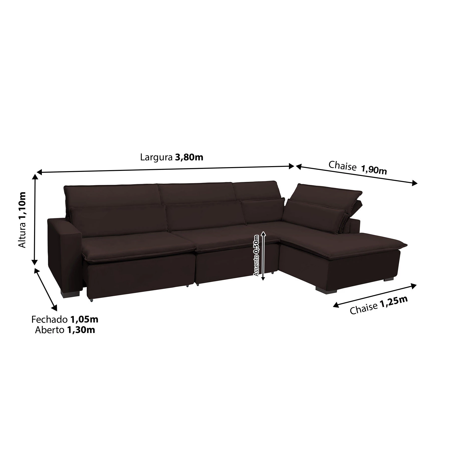 Sofá Istambul 3,80x1,90m Retrátil e Reclinável com Chaise - Marrom