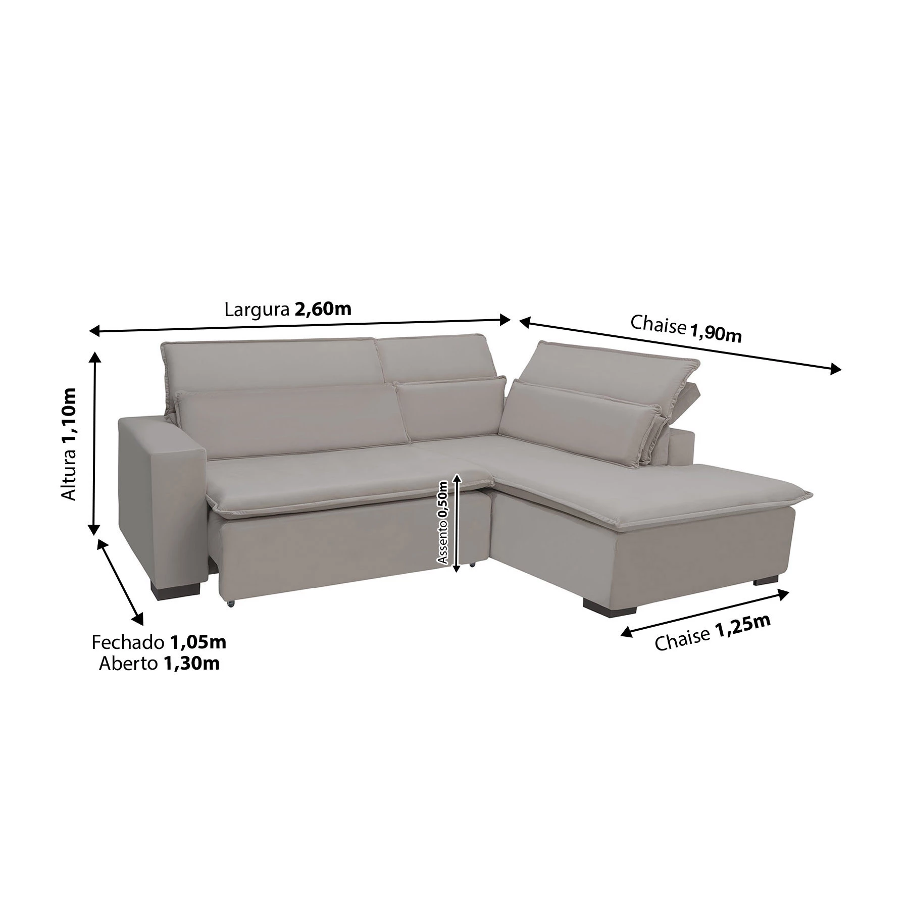 Sofá Istambul 2,60x1,90m Retrátil e Reclinável com Chaise - Avelã