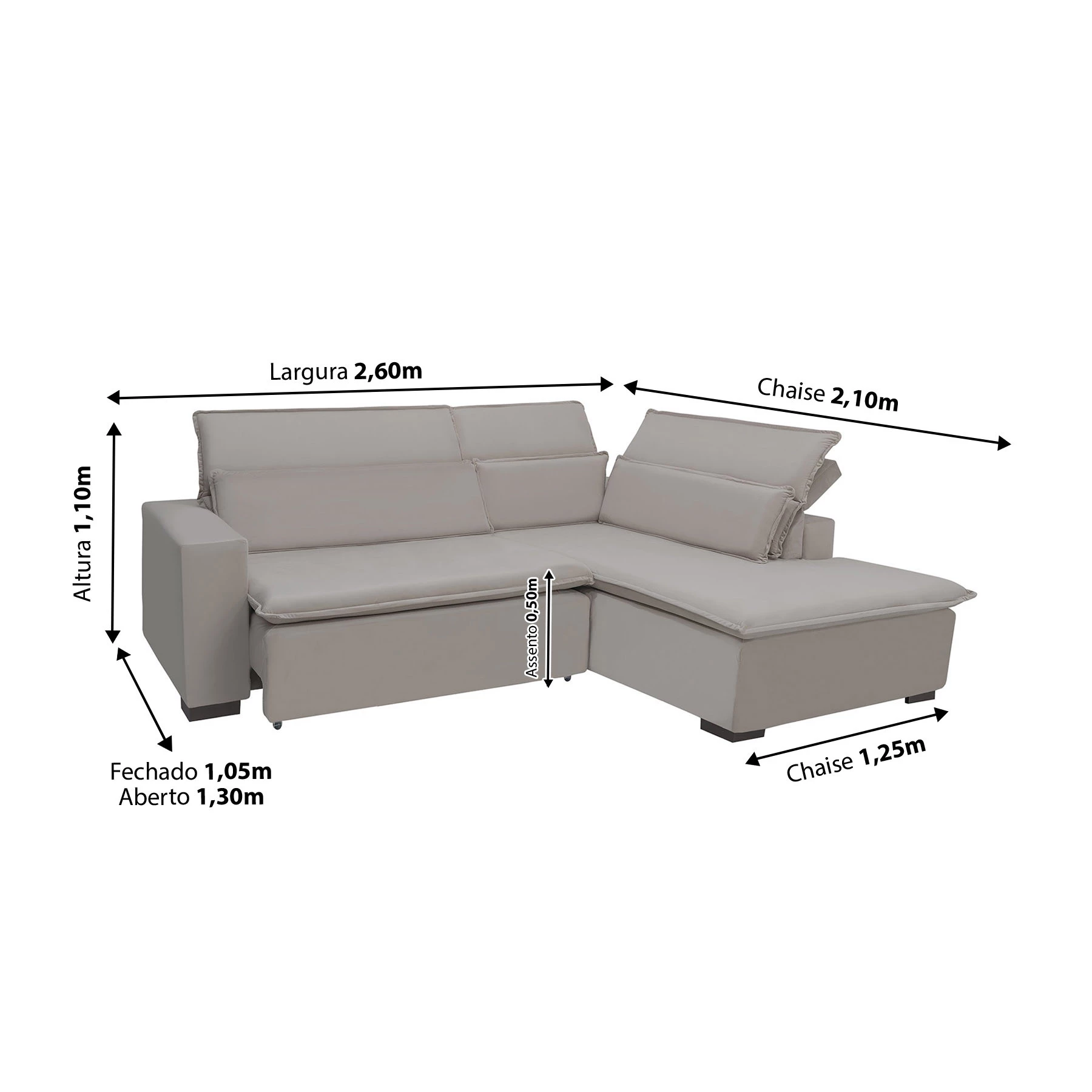 Sofá Istambul 2,60x2,10m Retrátil e Reclinável com Chaise - Avelã
