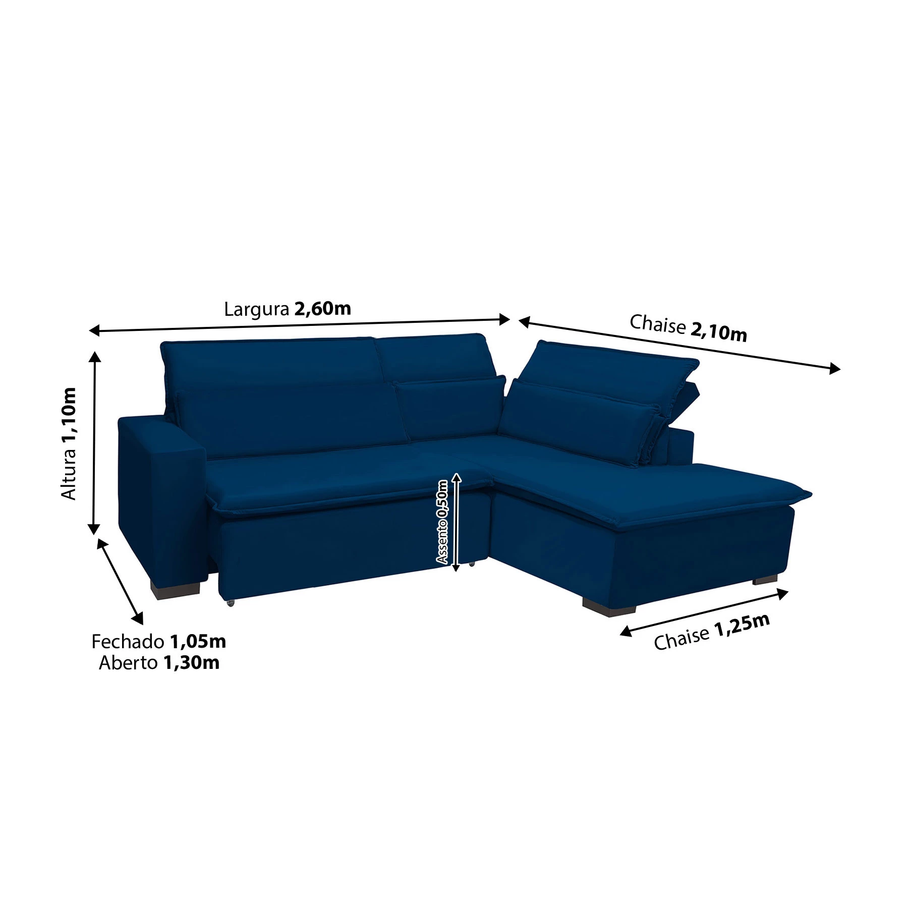 Sofá Istambul 2,60x2,10m Retrátil e Reclinável com Chaise - Azul
