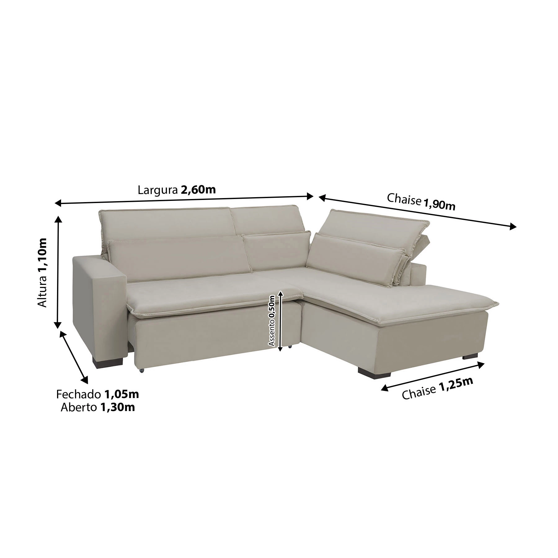 Sofá Istambul 2,60x1,90m Retrátil e Reclinável com Chaise - Bege