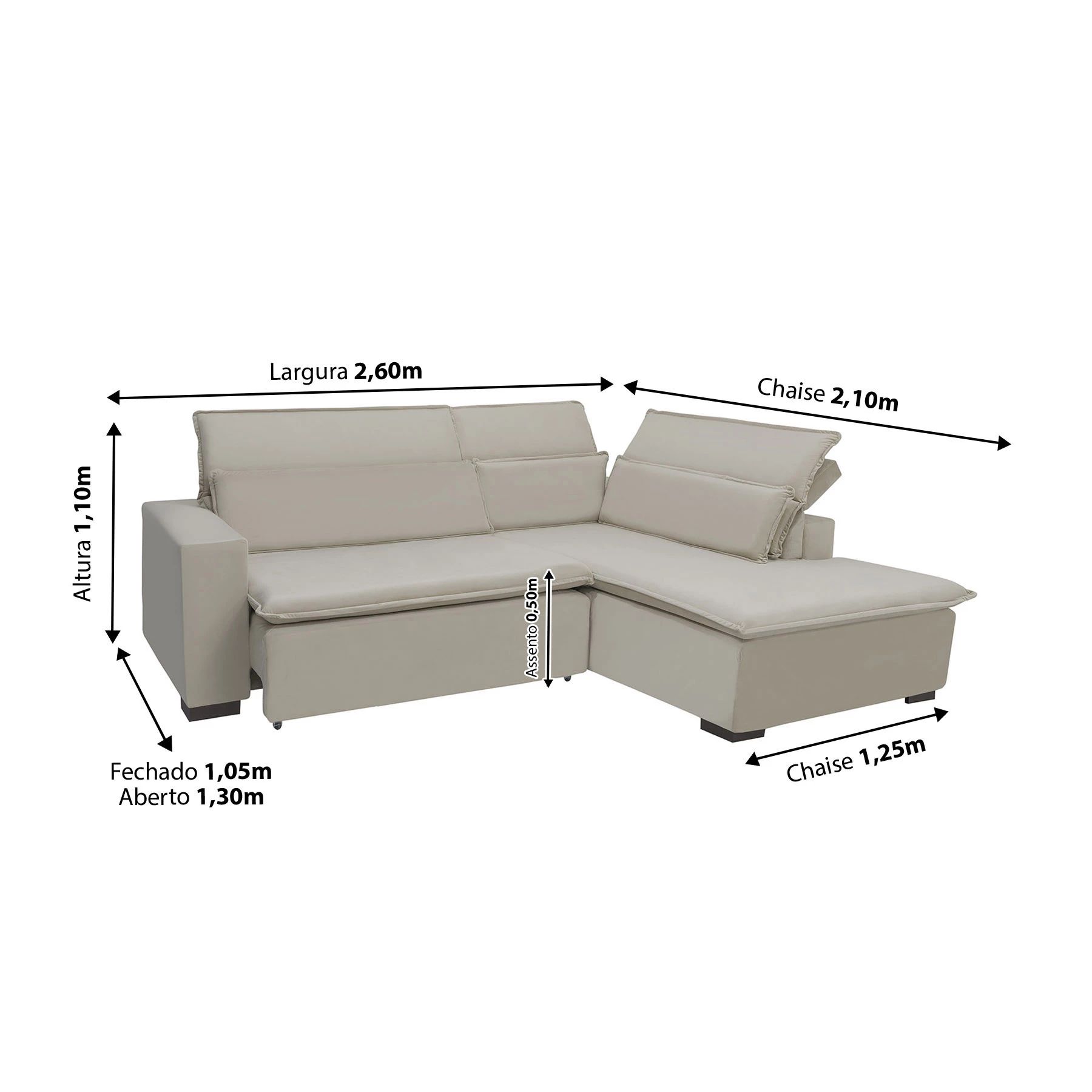 Sofá Istambul 2,60x2,10m Retrátil e Reclinável com Chaise - Bege
