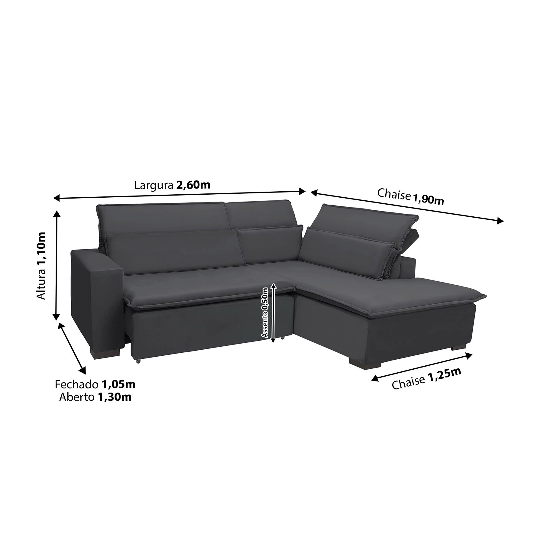 Sofá Istambul 2,60x1,90m Retrátil e Reclinável com Chaise - Chumbo