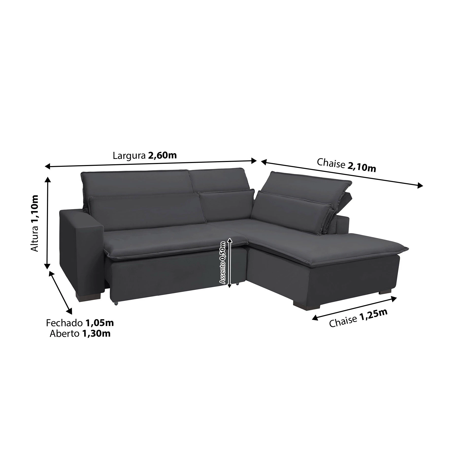 Sofá Istambul 2,60x2,10m Retrátil e Reclinável com Chaise - Chumbo