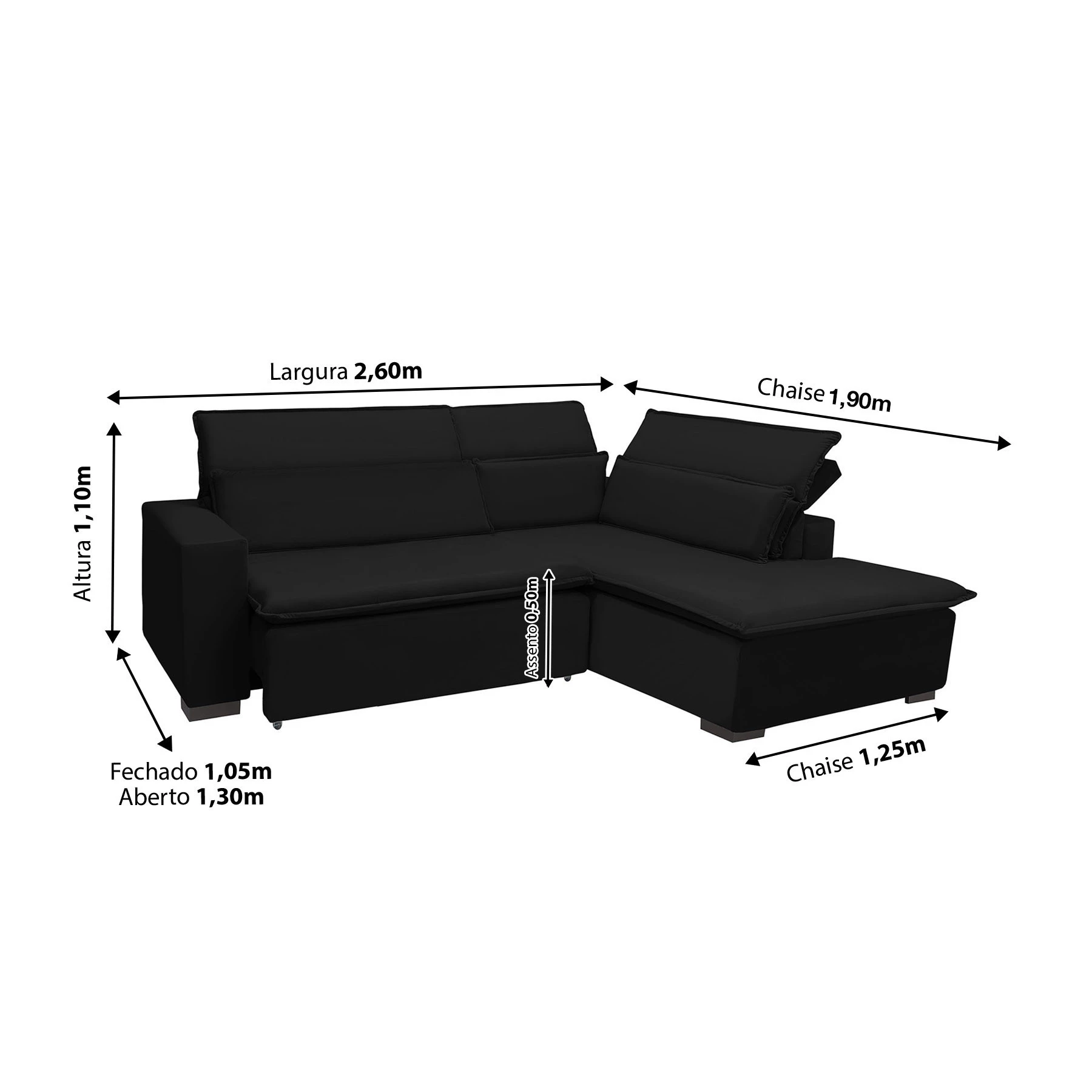 Sofá Istambul 2,60x1,90m Retrátil e Reclinável com Chaise - Preto