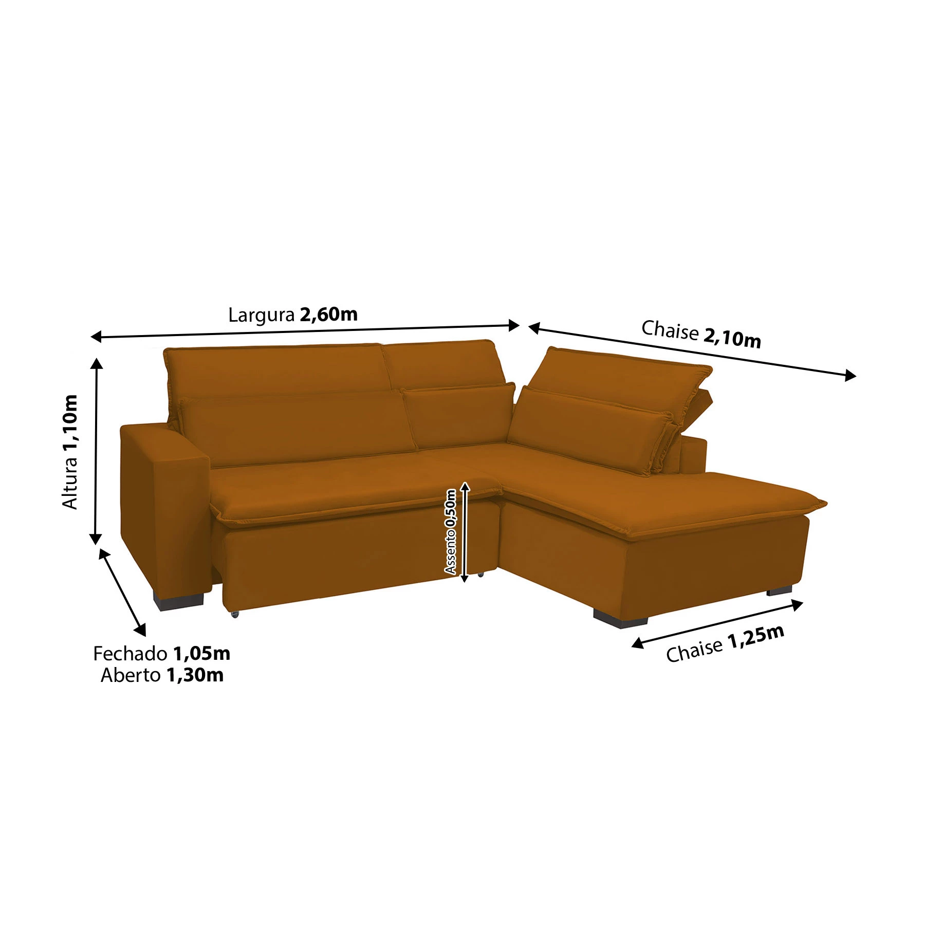 Sofá Istambul 2,60x2,10m Retrátil e Reclinável com Chaise - Terra