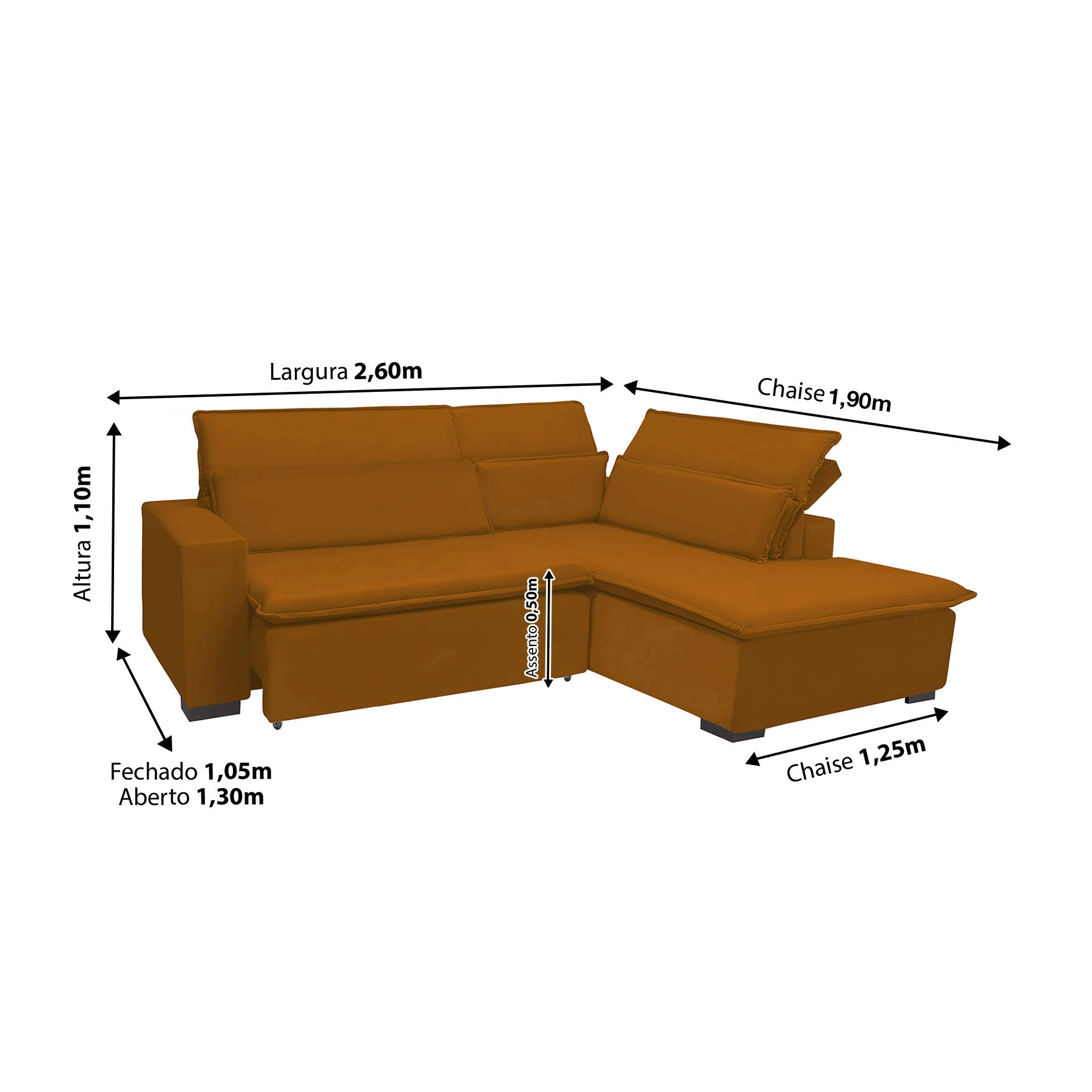 Sofá Istambul 2,60x1,90m Retrátil e Reclinável com Chaise - Terra