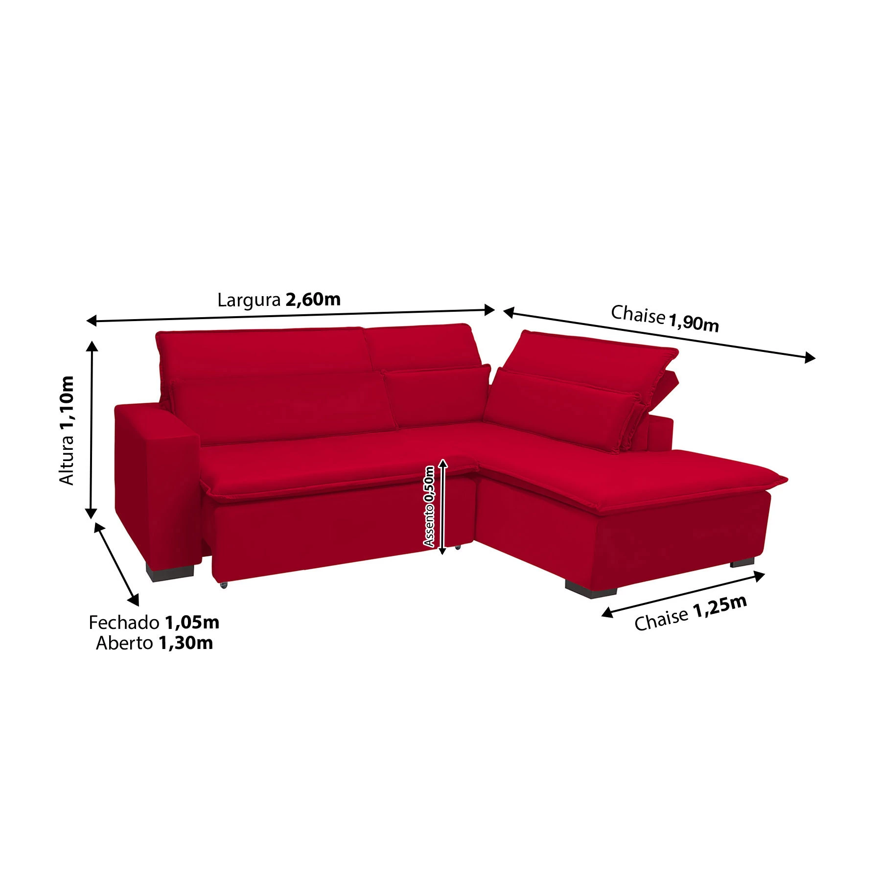 Sofá Istambul 2,60x1,90m Retrátil e Reclinável com Chaise - Vermelho