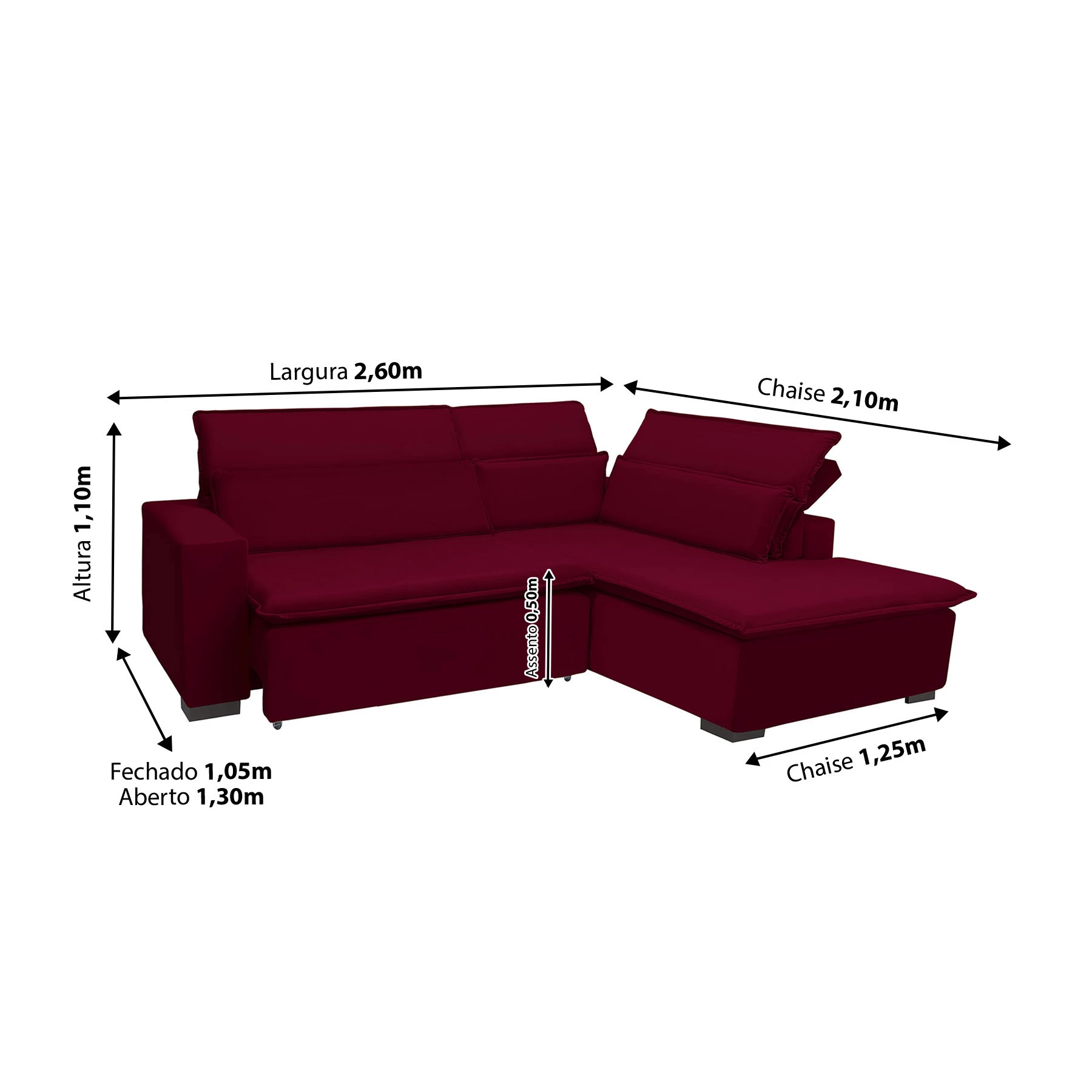 Sofá Istambul 2,60x2,10m Retrátil e Reclinável com Chaise - Vinho