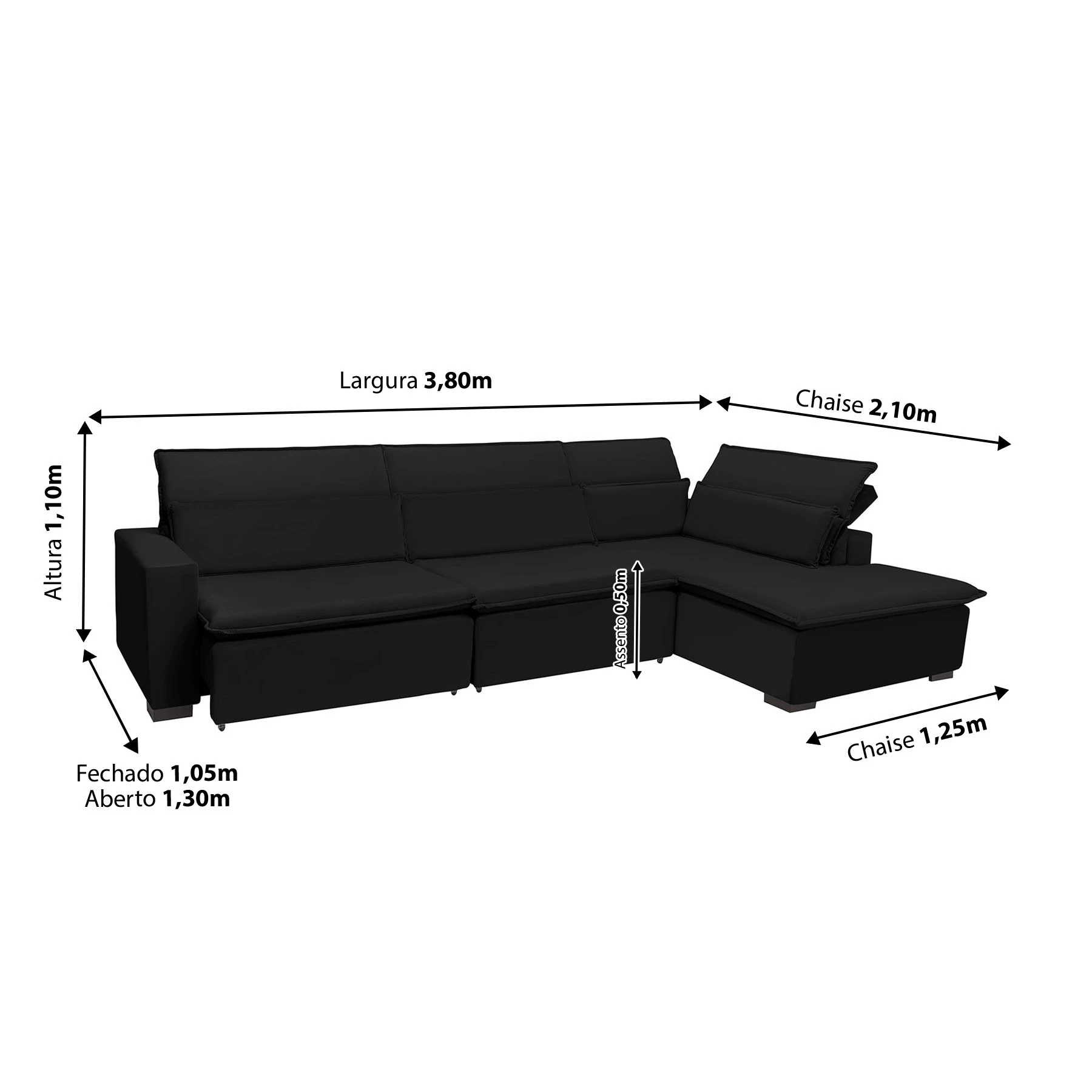 Sofá Istambul 3,80x2,10m Retrátil e Reclinável com Chaise - Preto