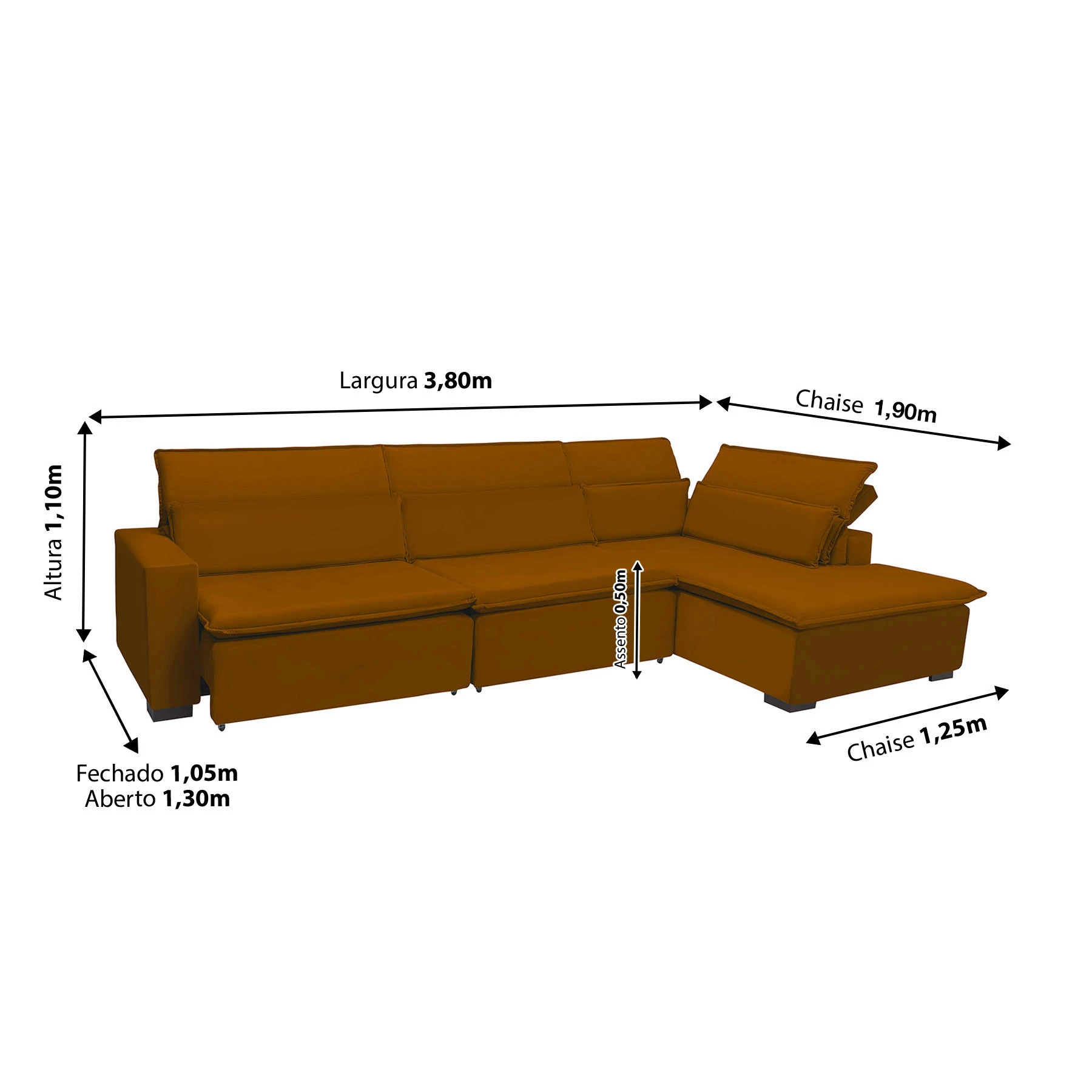 Sofá Istambul 3,80x1,90m Retrátil e Reclinável com Chaise - Terra