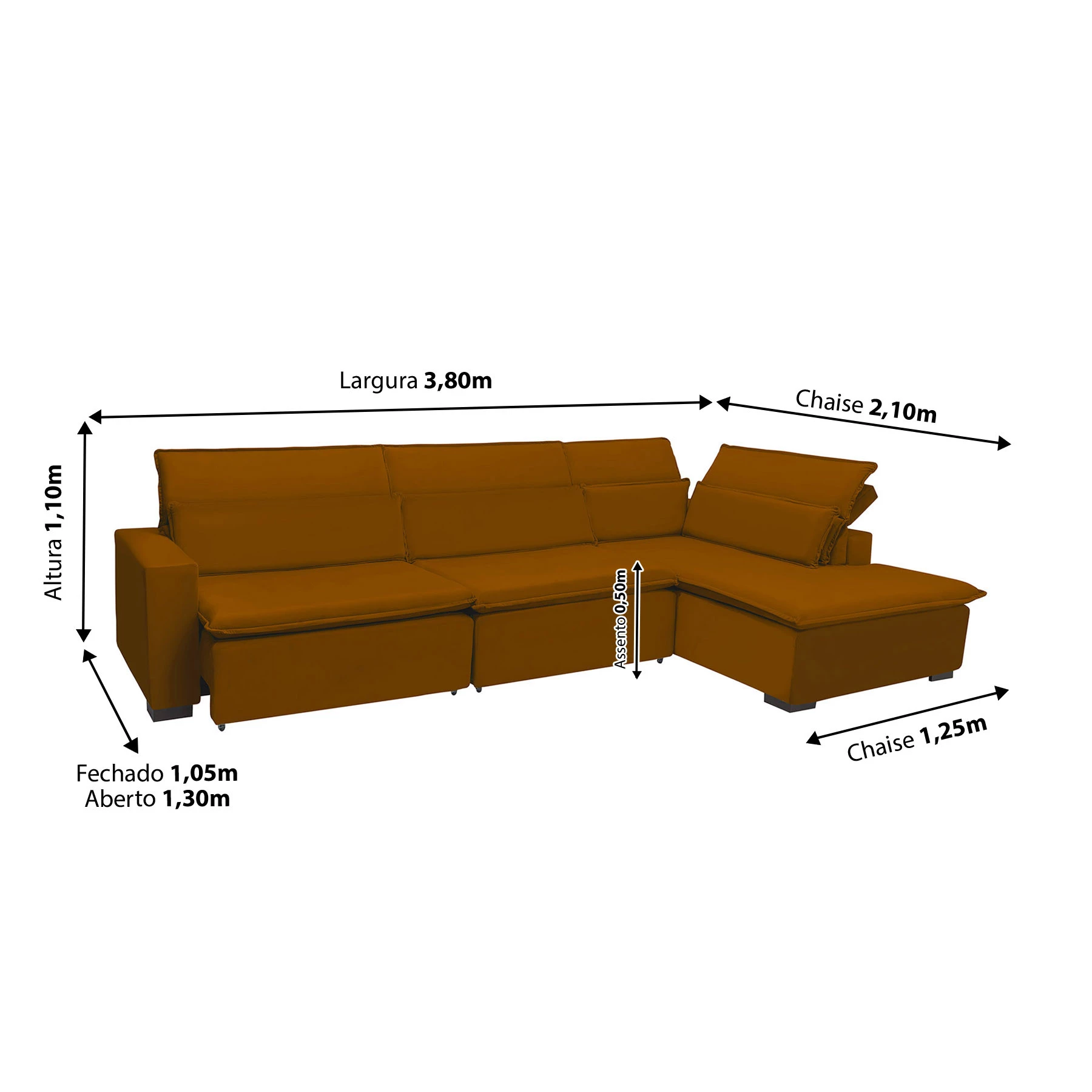 Sofá Istambul 3,80x2,10m Retrátil e Reclinável com Chaise - Terra