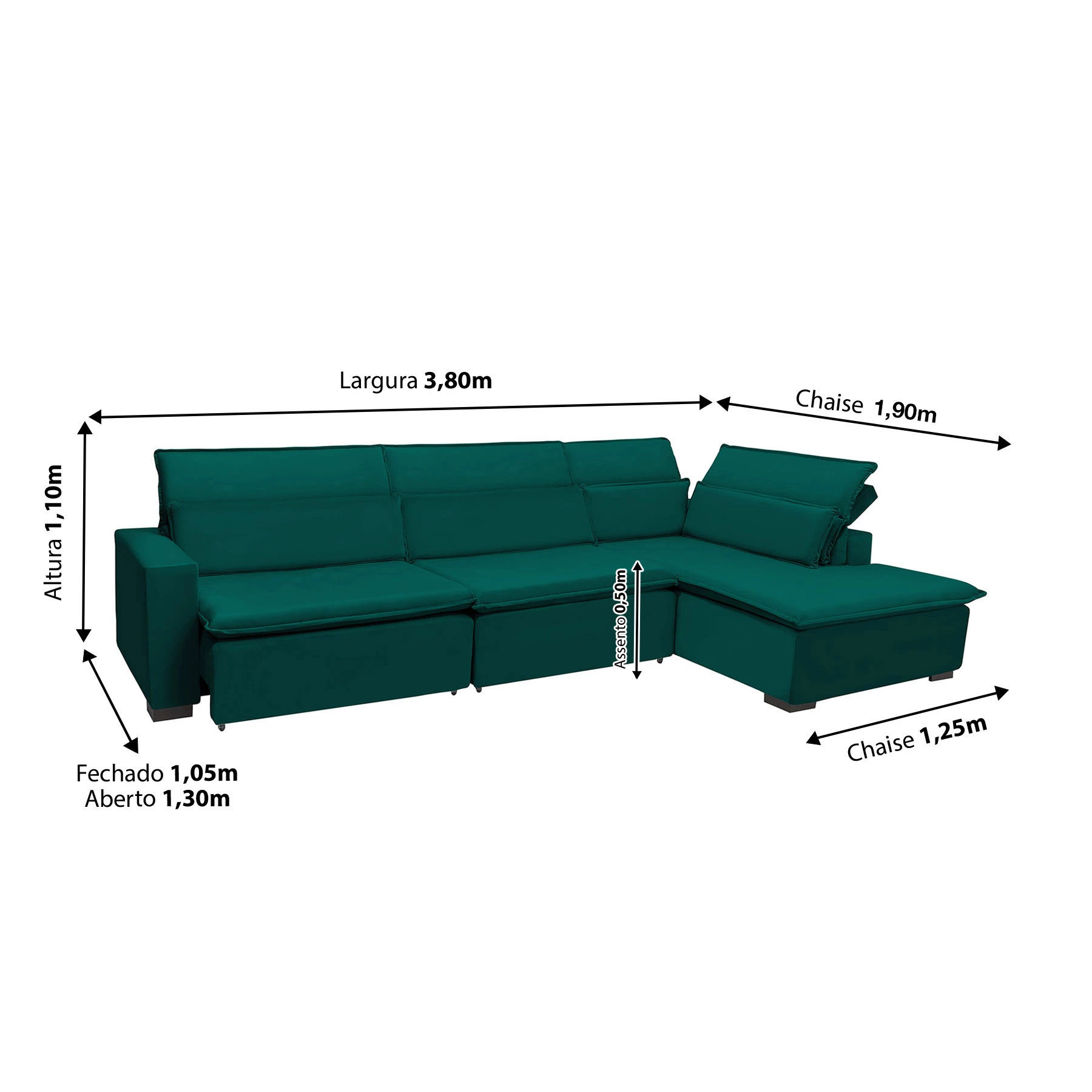 Sofá Istambul 3,80x1,90m Retrátil e Reclinável com Chaise - Verde