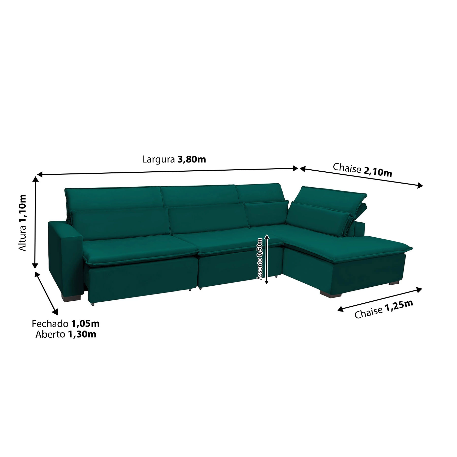 Sofá Istambul 3,80x2,10m Retrátil e Reclinável com Chaise - Verde