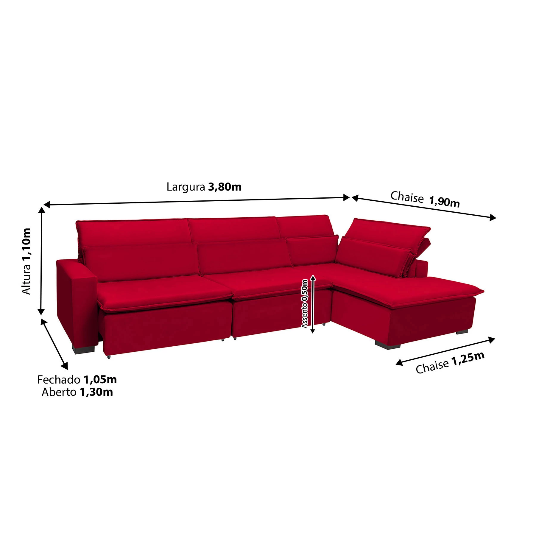 Sofá Istambul 3,80x1,90m Retrátil e Reclinável com Chaise - Vermelho