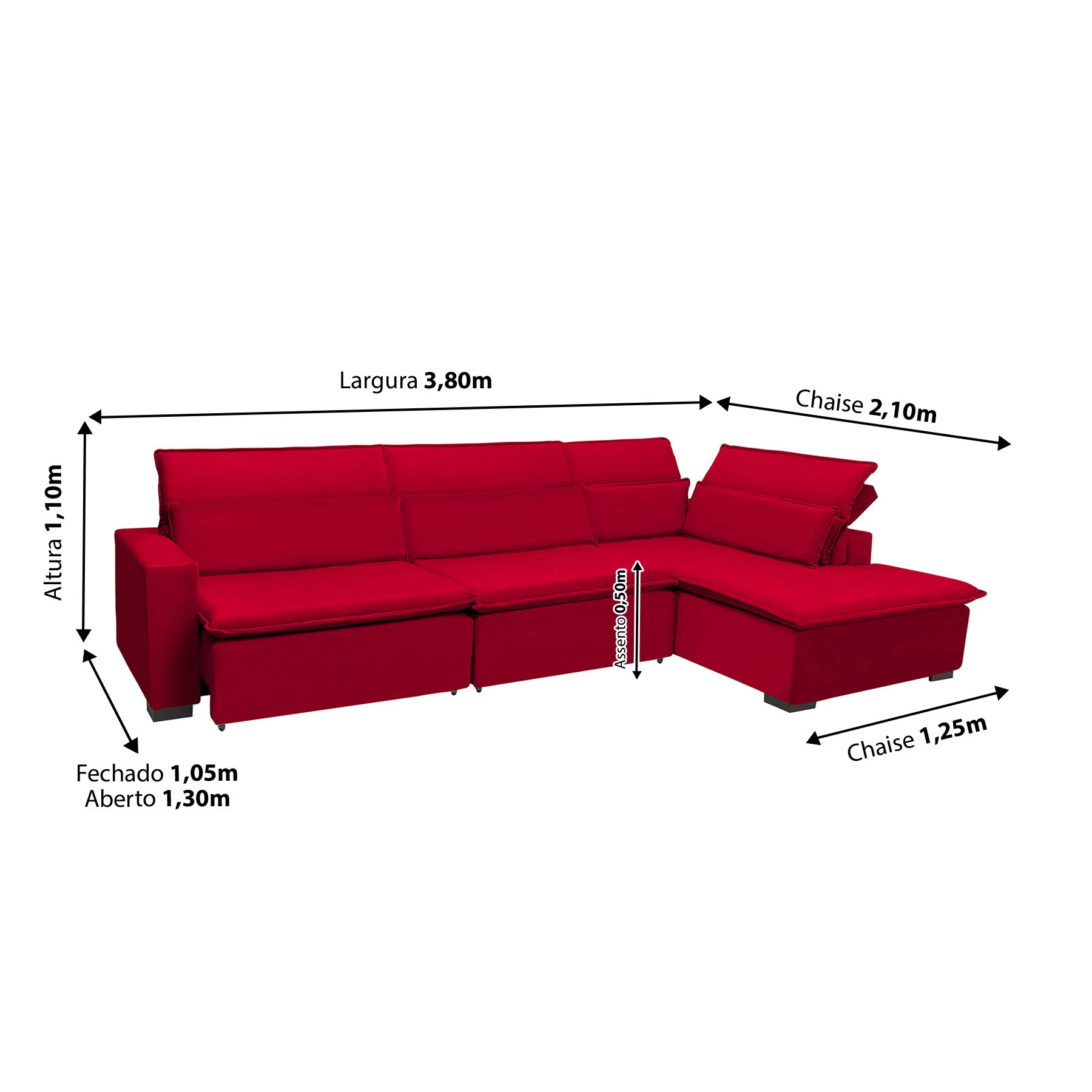 Sofá Istambul 3,80x2,10m Retrátil e Reclinável com Chaise - Vermelho