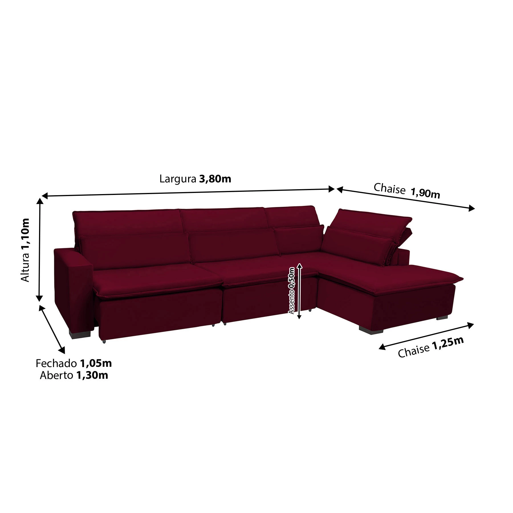Sofá Istambul 3,80x1,90m Retrátil e Reclinável com Chaise - Vinho