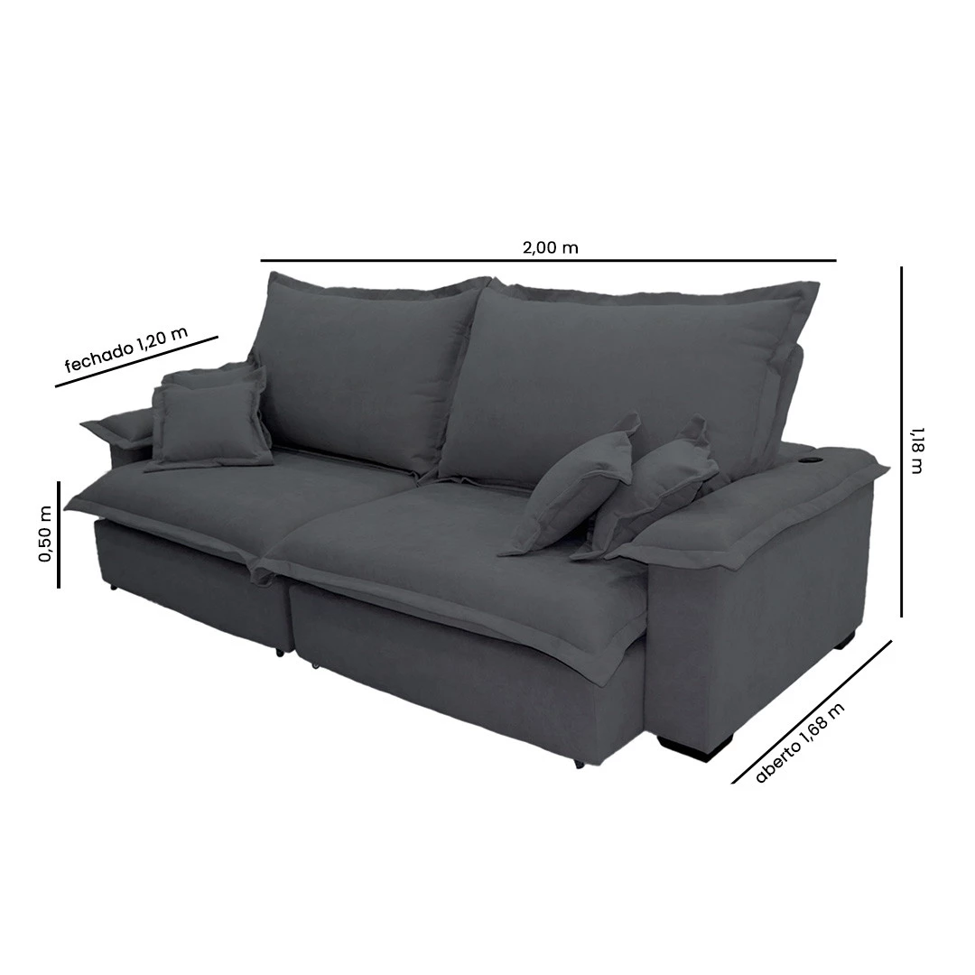 Sofá Paris 2,00m Retrátil e Reclinável Super Pillow  -chumbo