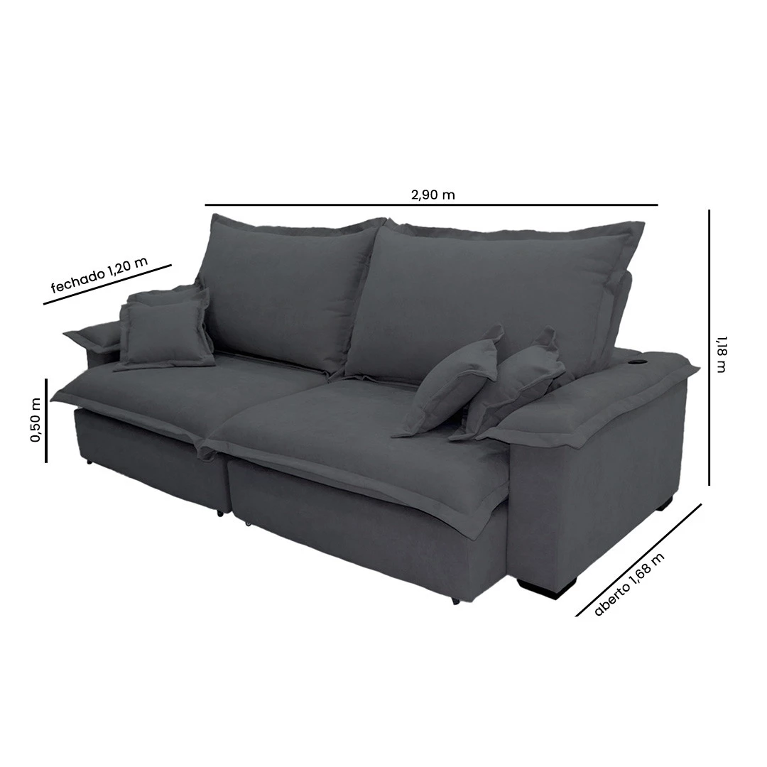 Sofá Paris 2,90m Retrátil e Reclinável Super Pillow -chumbo