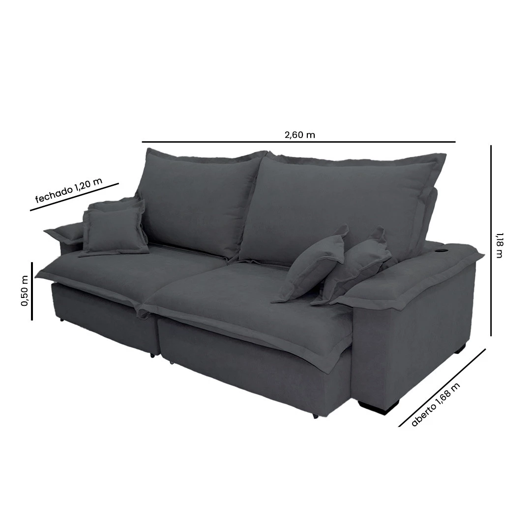 Sofá Paris 2,60m Retrátil e Reclinável Super Pillow -chumbo