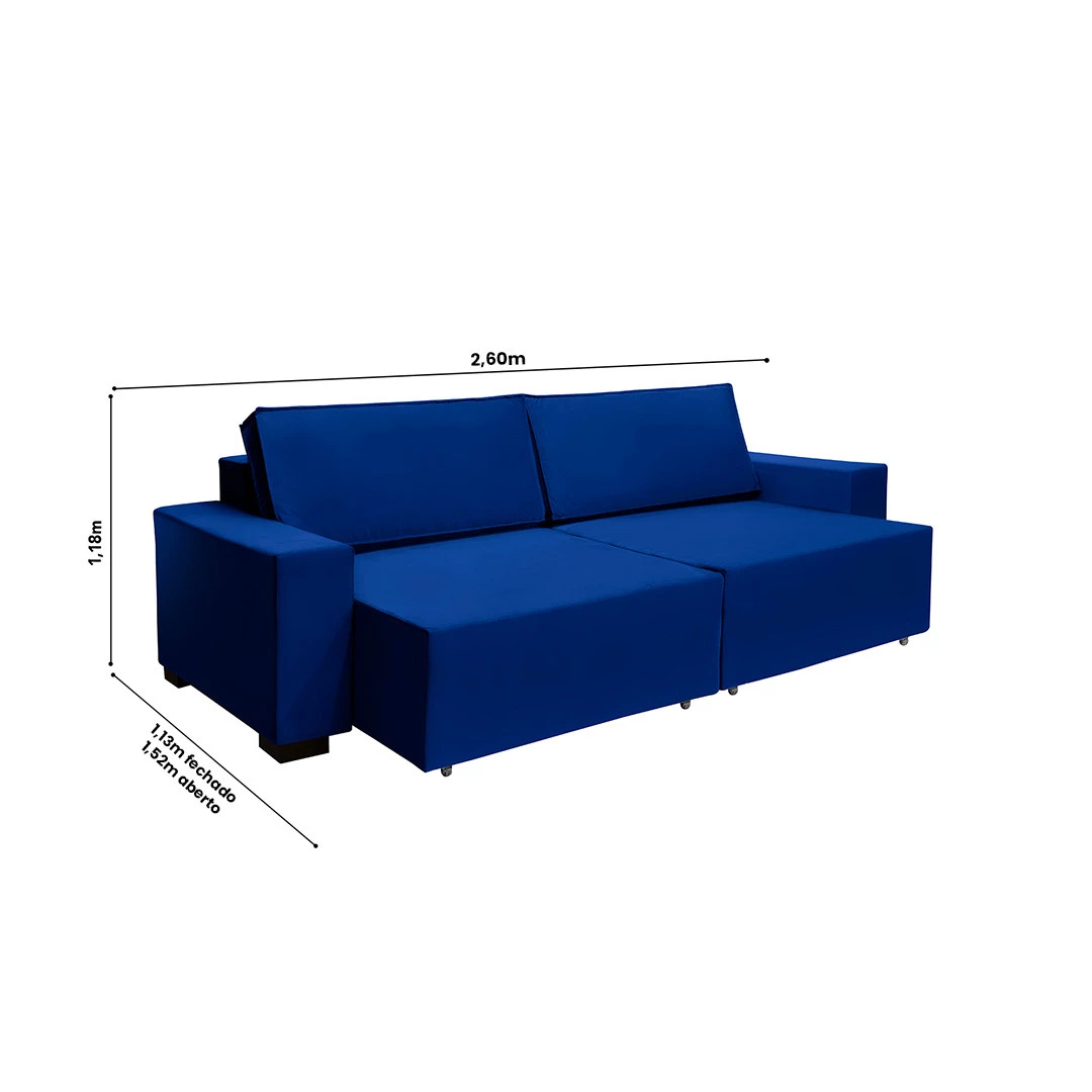 Sofá Dallas 2,60m Retrátil - Azul