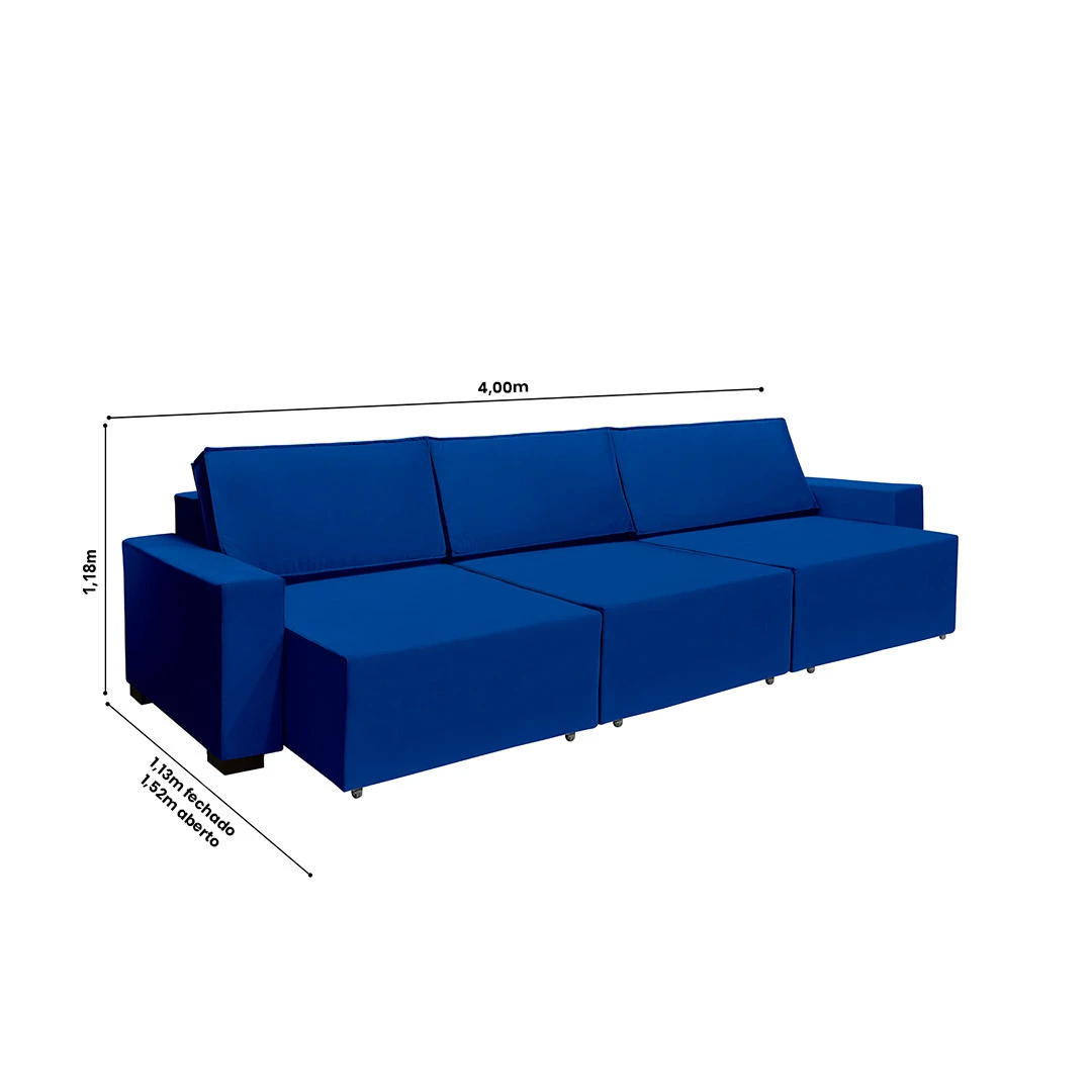 Sofá Dallas 4,00m Retrátil - Azul