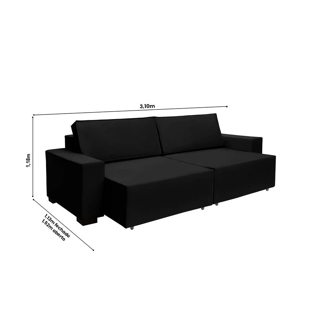 Sofá Dallas 3,10m Retrátil - Preto