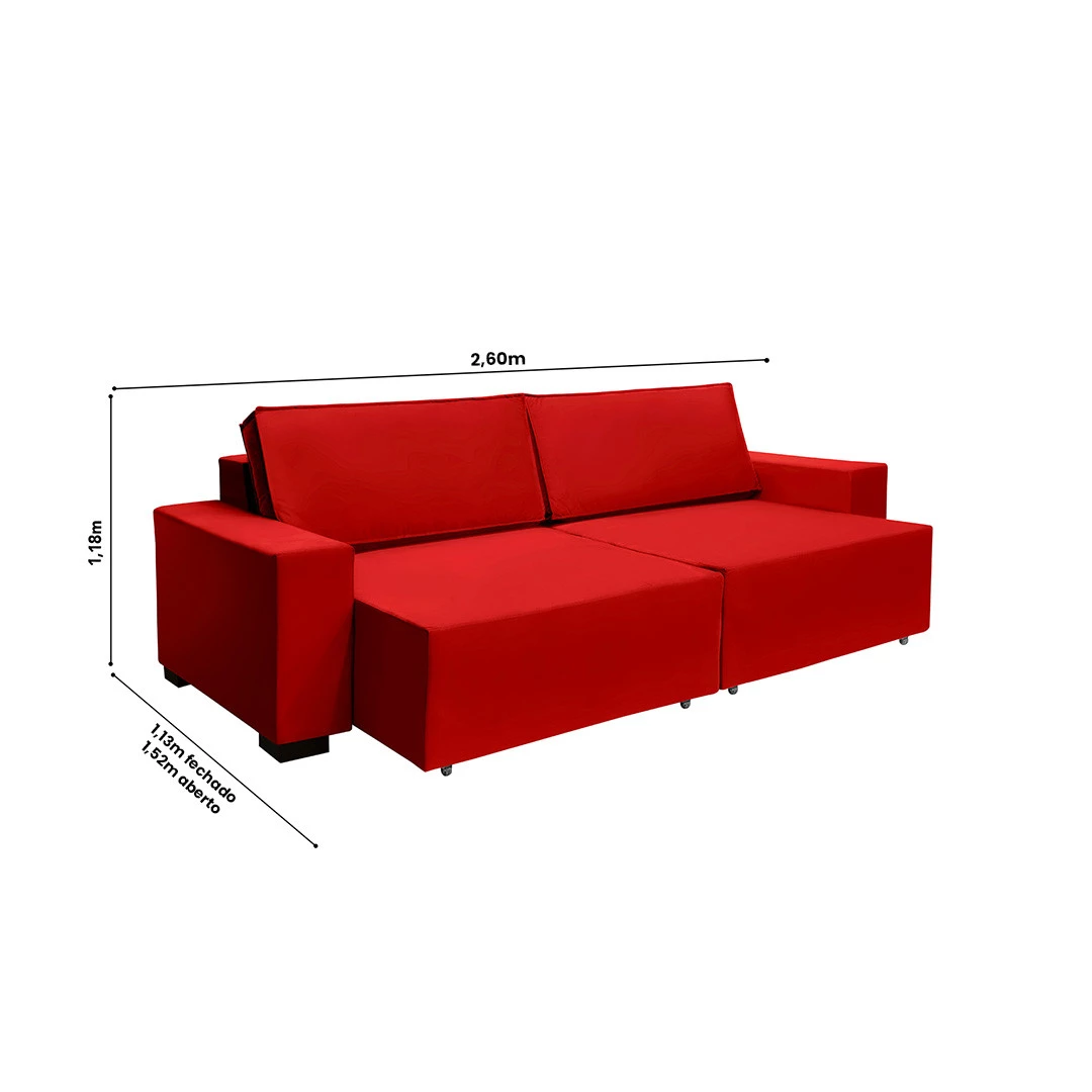 Sofá Dallas 2,60m Retrátil - Vermelho