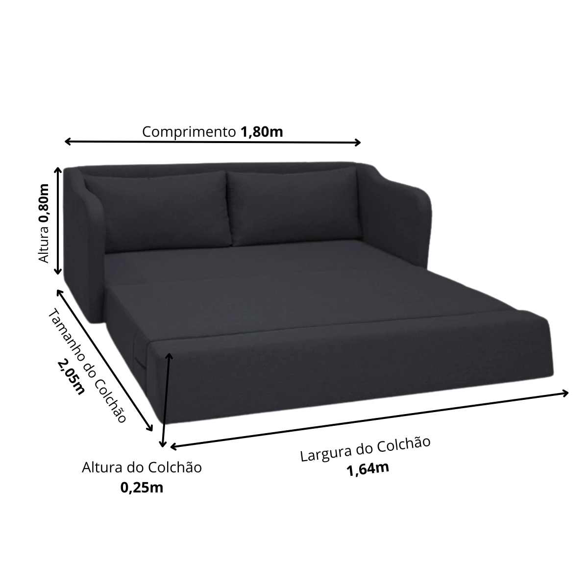 Sofá Cama Aconchego 1,80 - Preto 