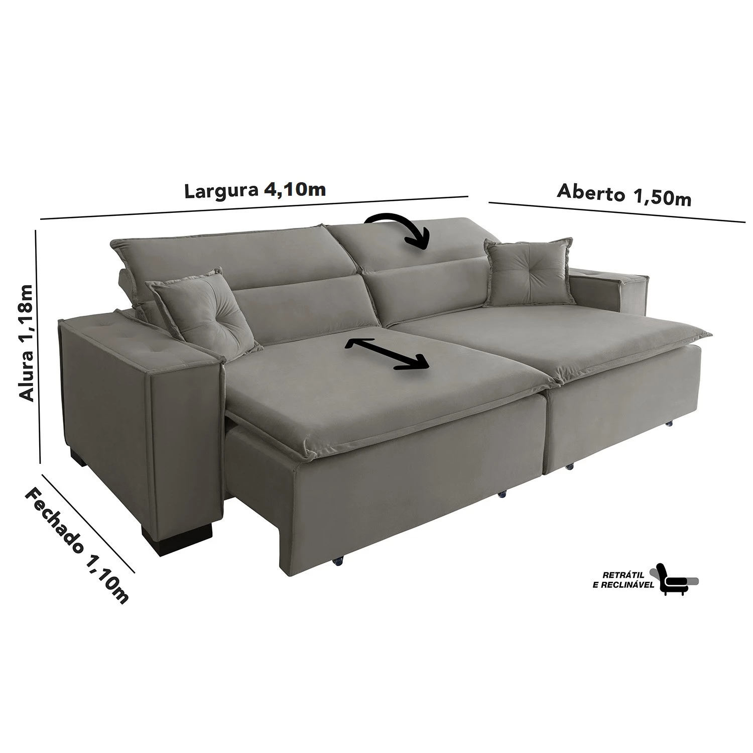 Sofá Londres 4,10m Retrátil e Reclinável Pillow Top - Avelã