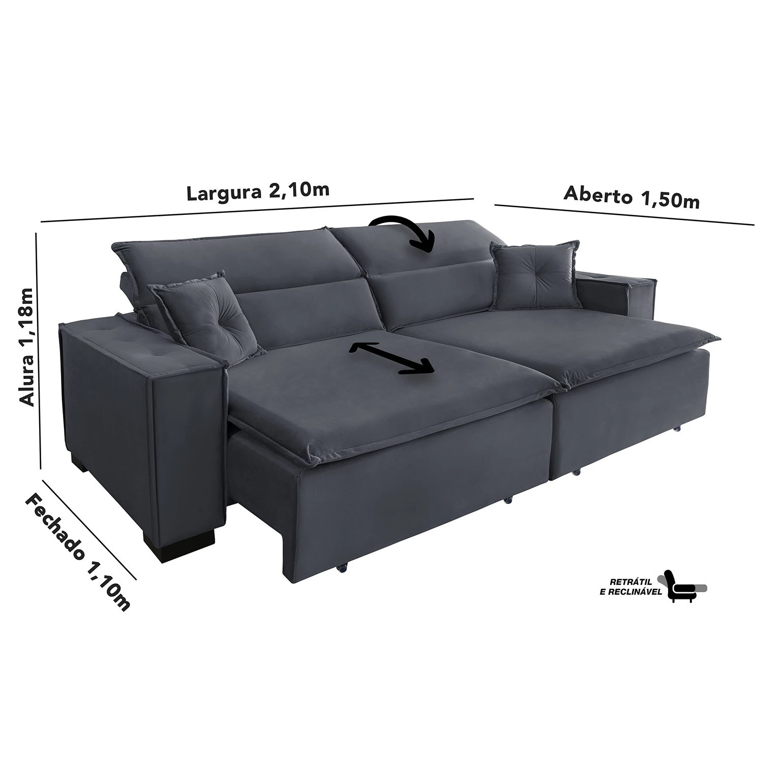Sofá Londres 2,10m Retrátil e Reclinável Pillow Top - Chumbo