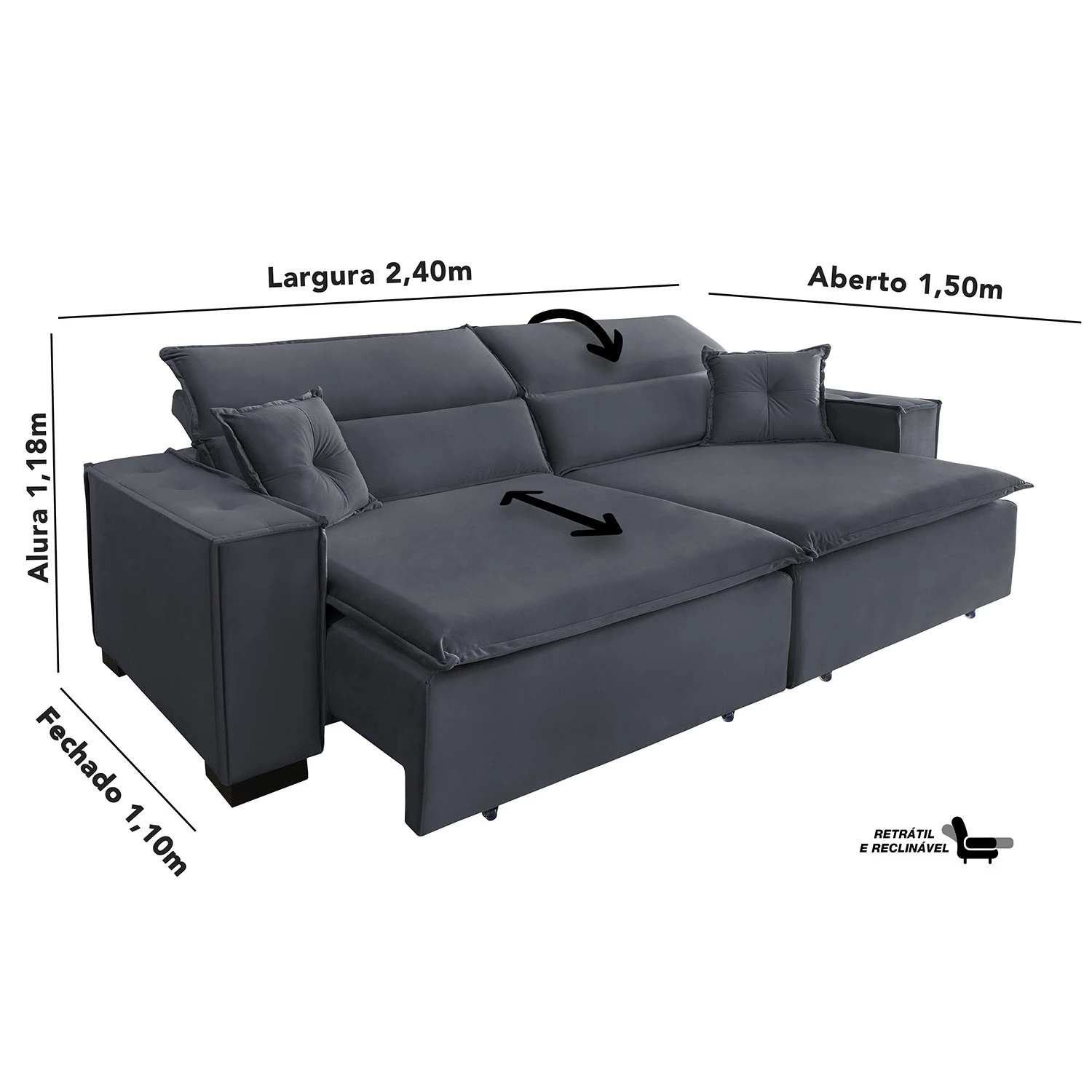 Sofá Londres 2,40m Retrátil e Reclinável Pillow Top - Chumbo