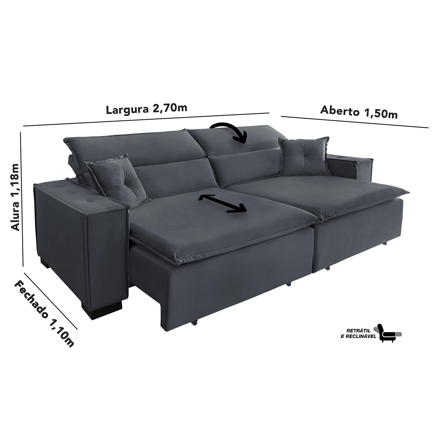 Sofá Londres 2,70m Retrátil e Reclinável Pillow Top - Chumbo