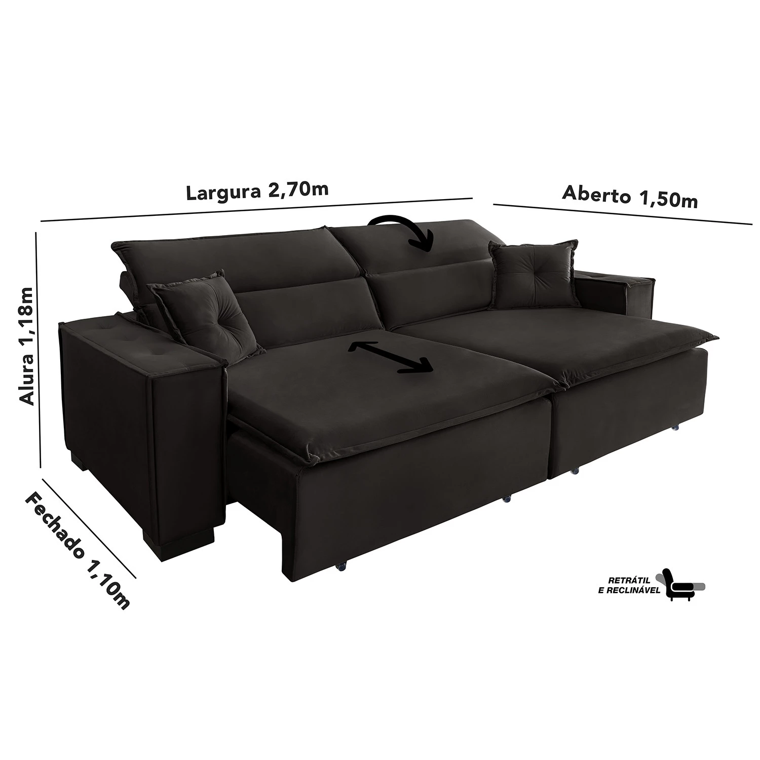 Sofá Londres 2,70m Retrátil e Reclinável Pillow Top - Marrom