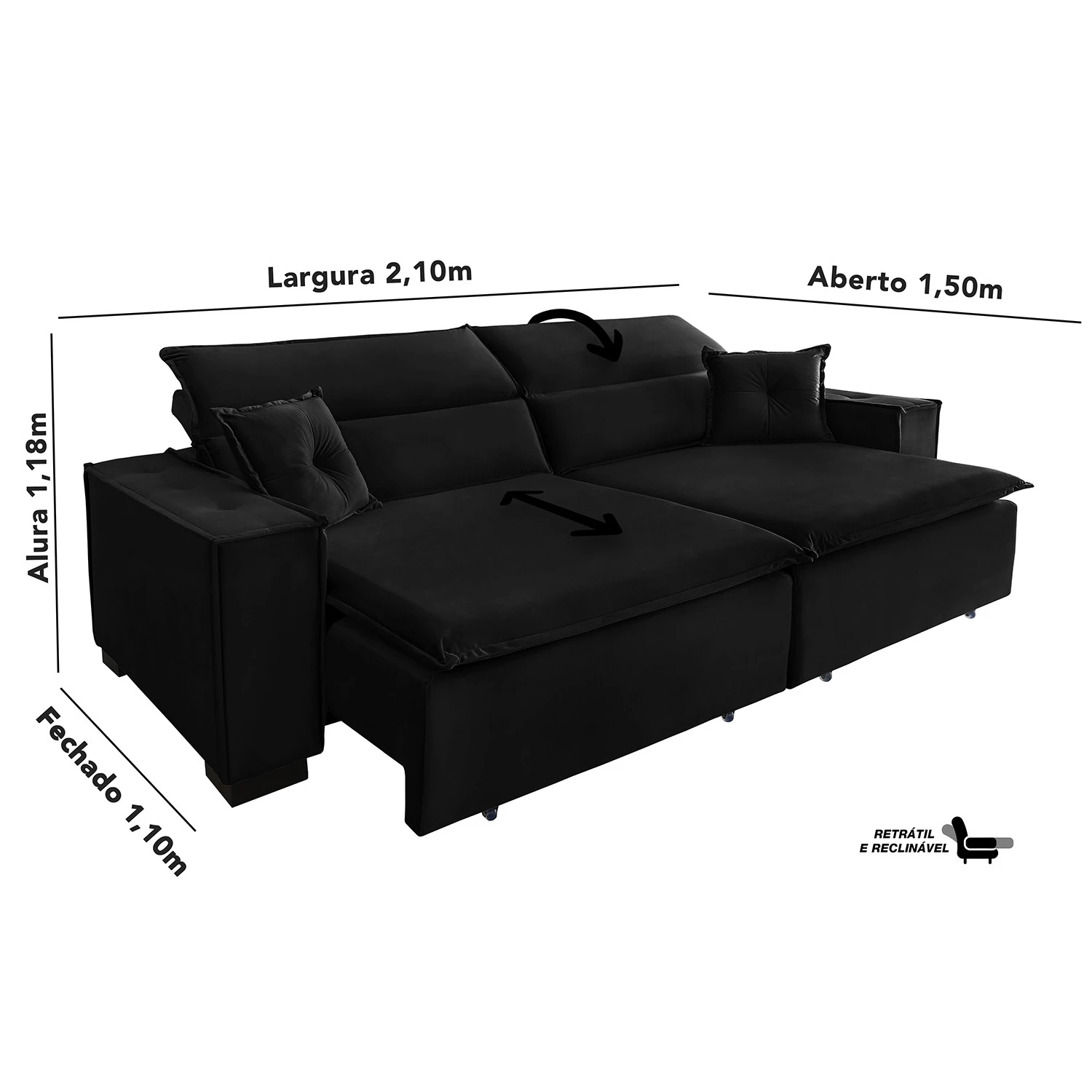 Sofá Londres 2,10m Retrátil e Reclinável Pillow Top - Preto