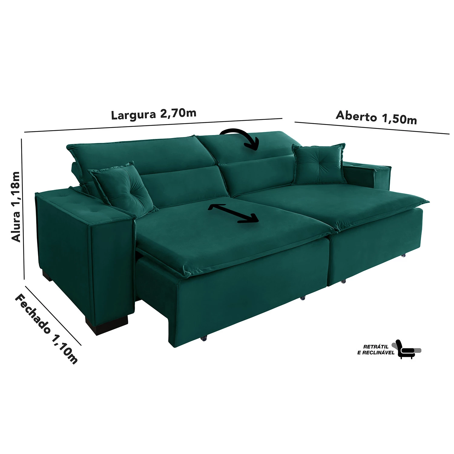 Sofá Londres 2,70m Retrátil e Reclinável Pillow Top - Verde