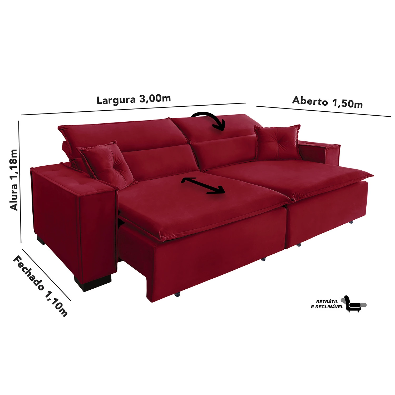 Sofá Londres 3,00m Retrátil e Reclinável Pillow Top - Vermelho