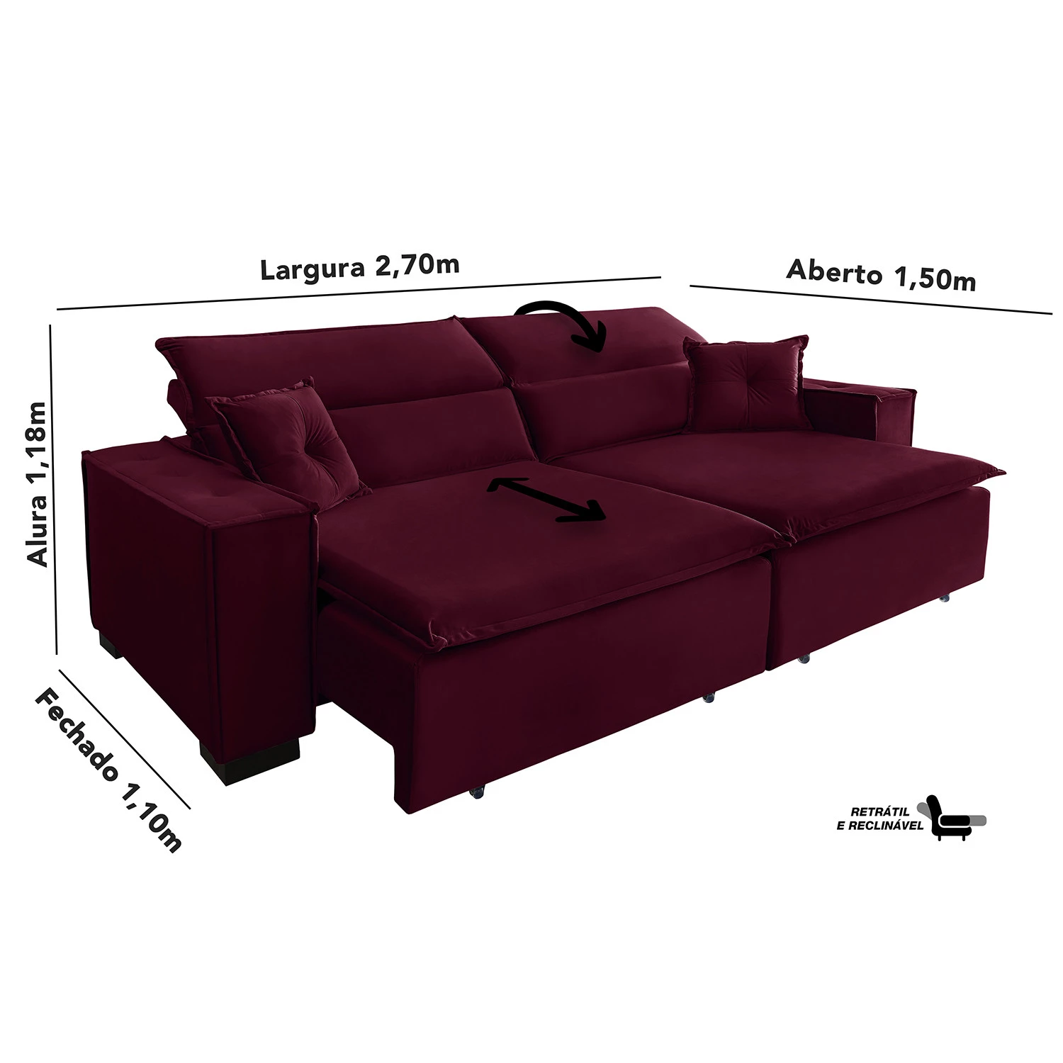 Sofá Londres 2,70m Retrátil e Reclinável Pillow Top - Vinho