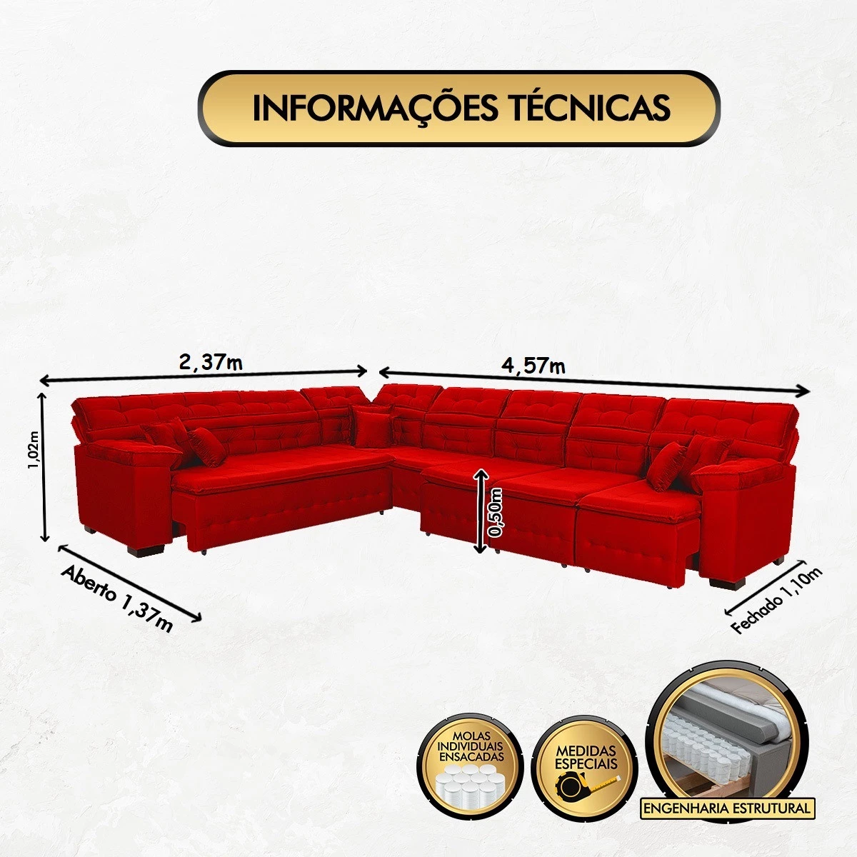 Sofá Magno 2,37x4,57m de Canto, Retrátil e Reclinável - Vermelho