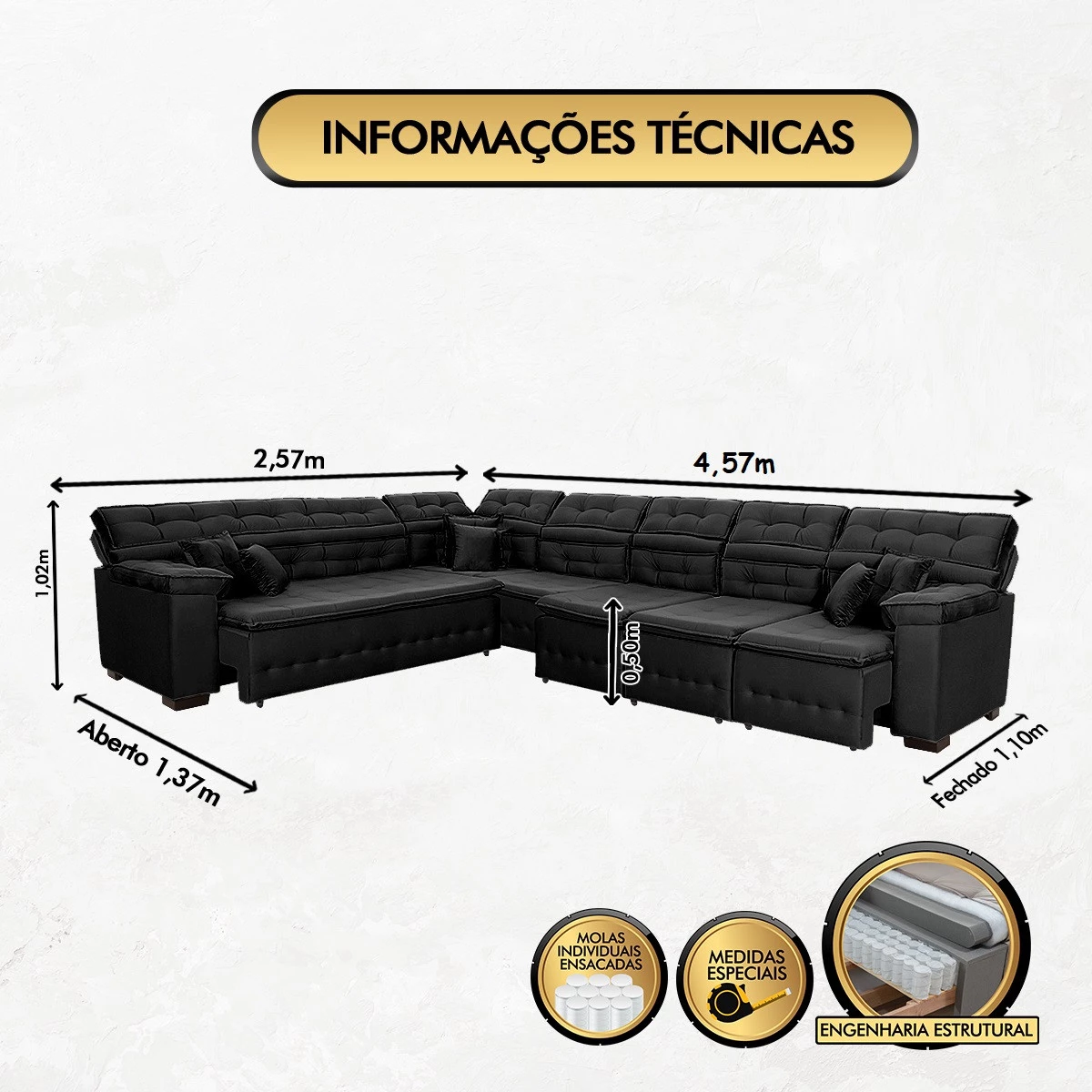 Sofá Magno 2,57x4,57m de Canto, Retrátil e Reclinável - Preto