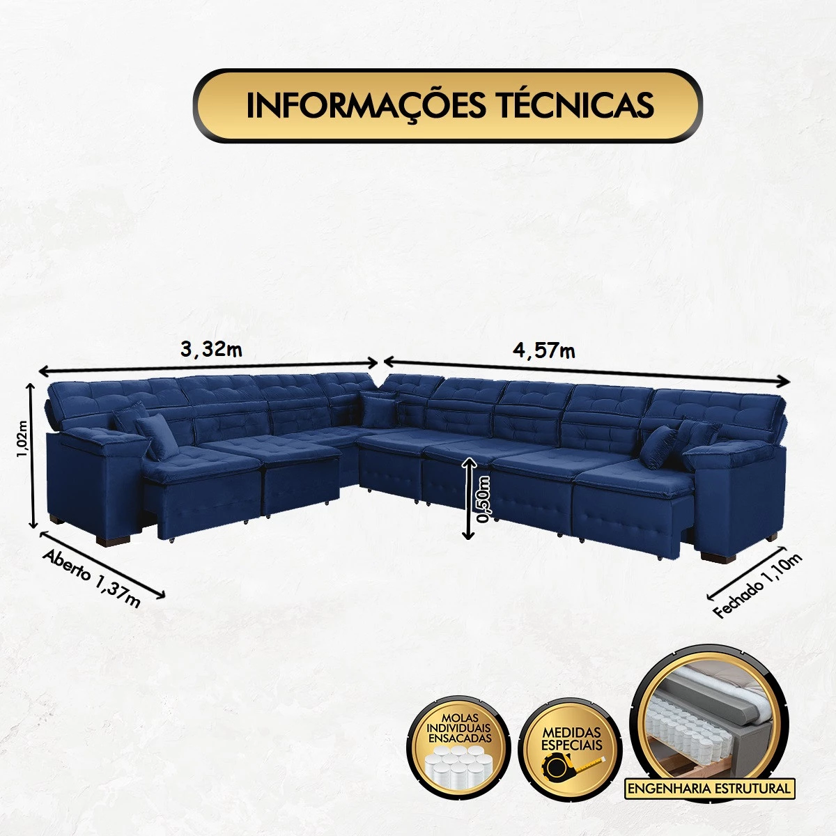 Sofá Magno 3,32x4,57m de Canto, Retrátil e Reclinável - Azul